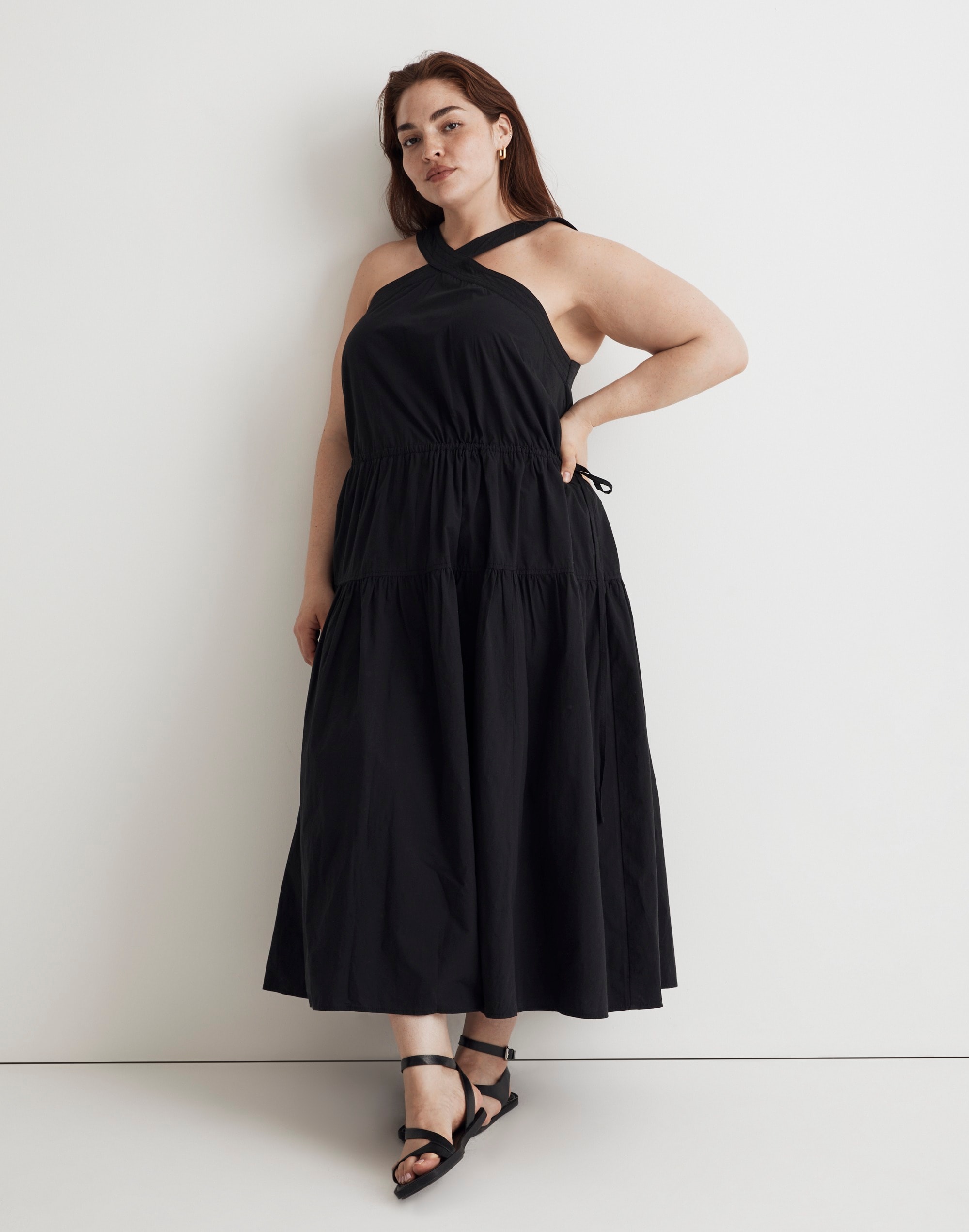 Plus Poplin Halter Tiered Midi Dress