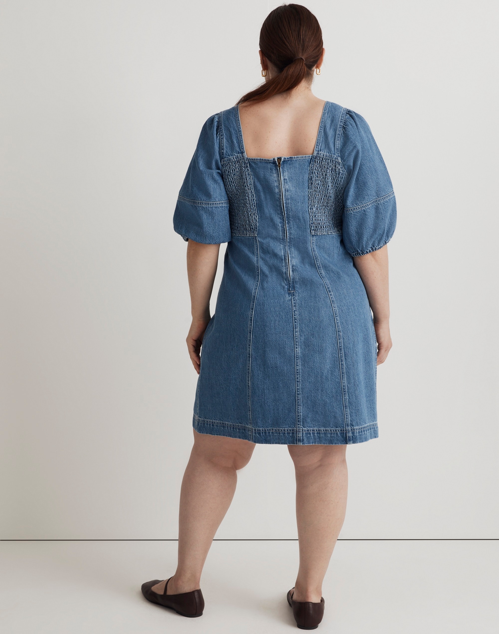 Plus Denim Balloon-Sleeve Mini Dress in Fennwood Wash
