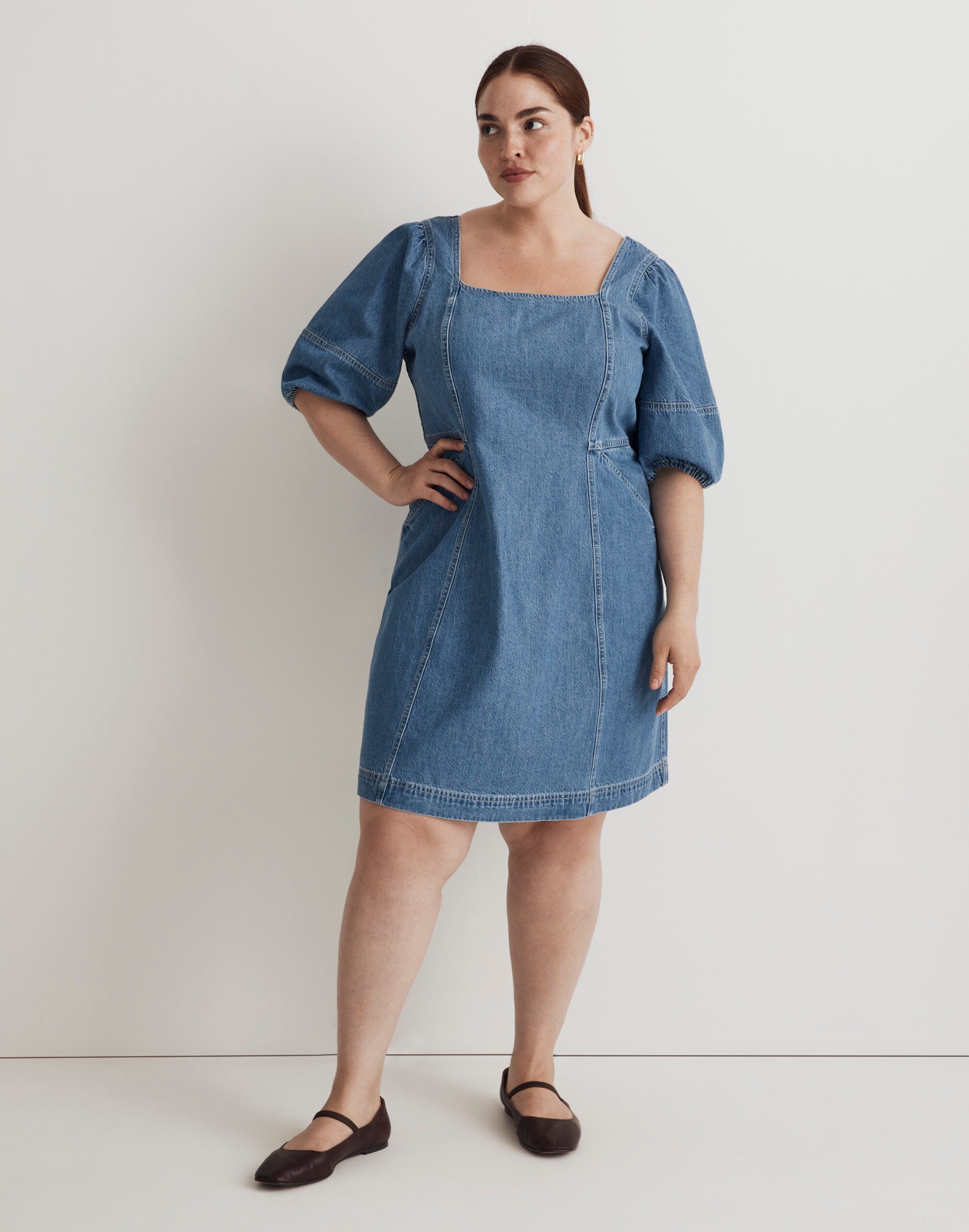 Plus Denim Balloon-Sleeve Mini Dress in Fennwood Wash