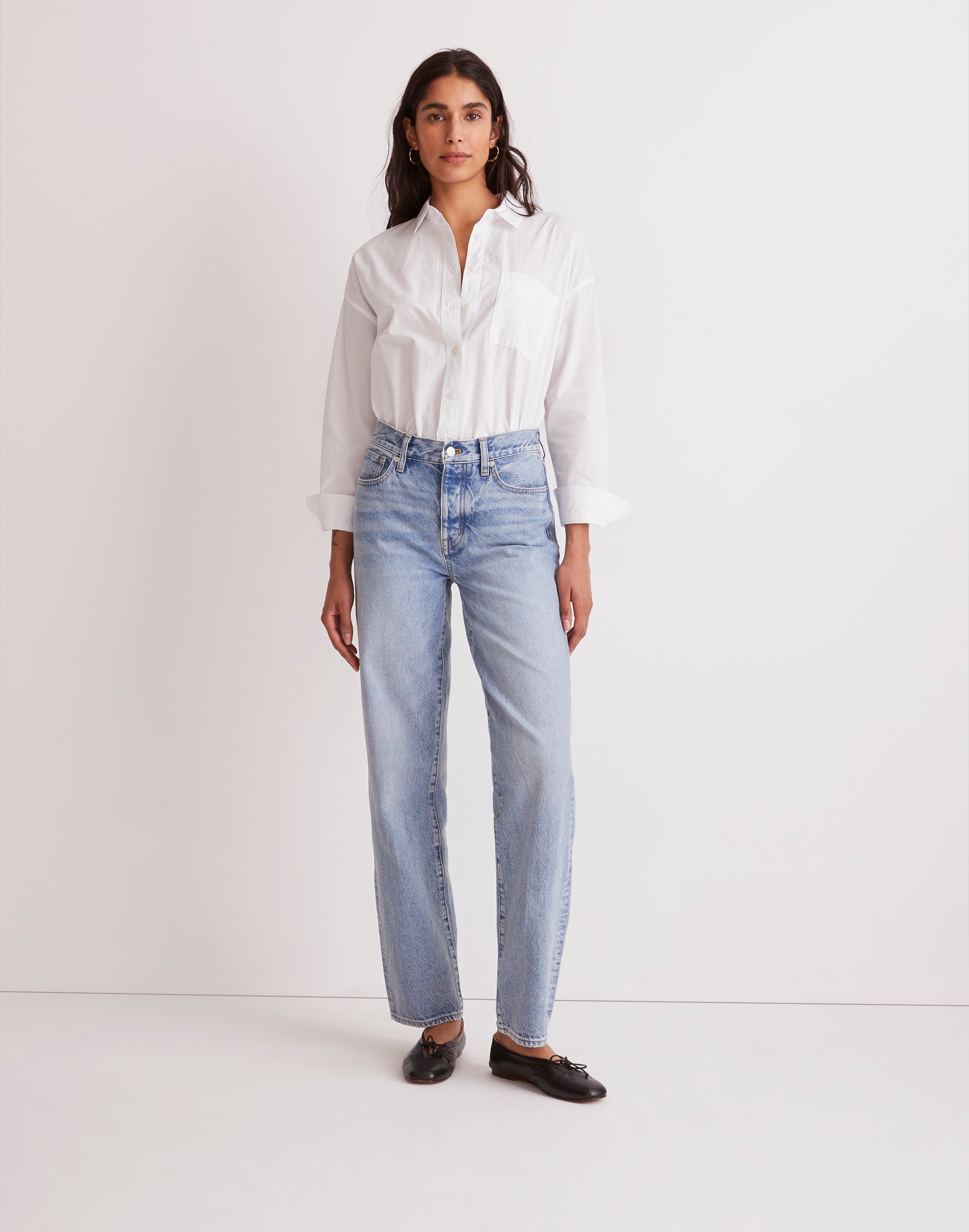 low-slung straight jeans in olvera wash