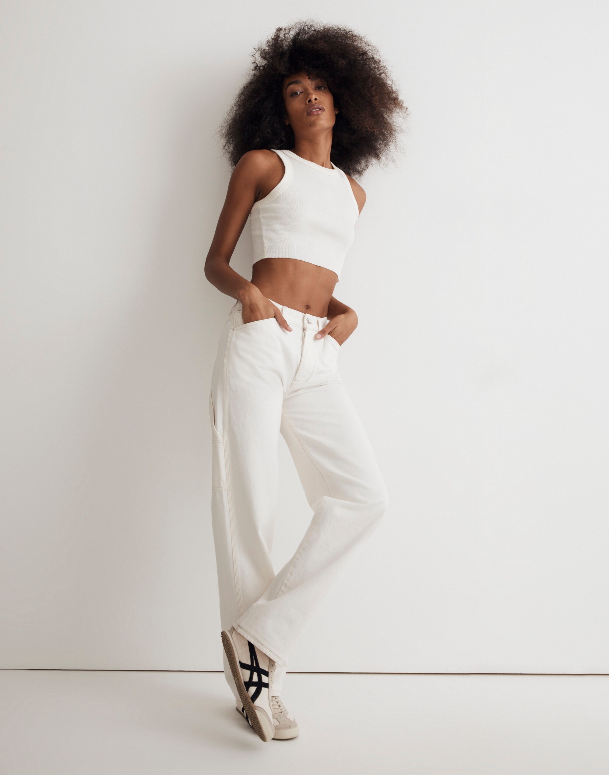 low-slung straight carpenter jeans in vintage canvas wash: airy denim edition
