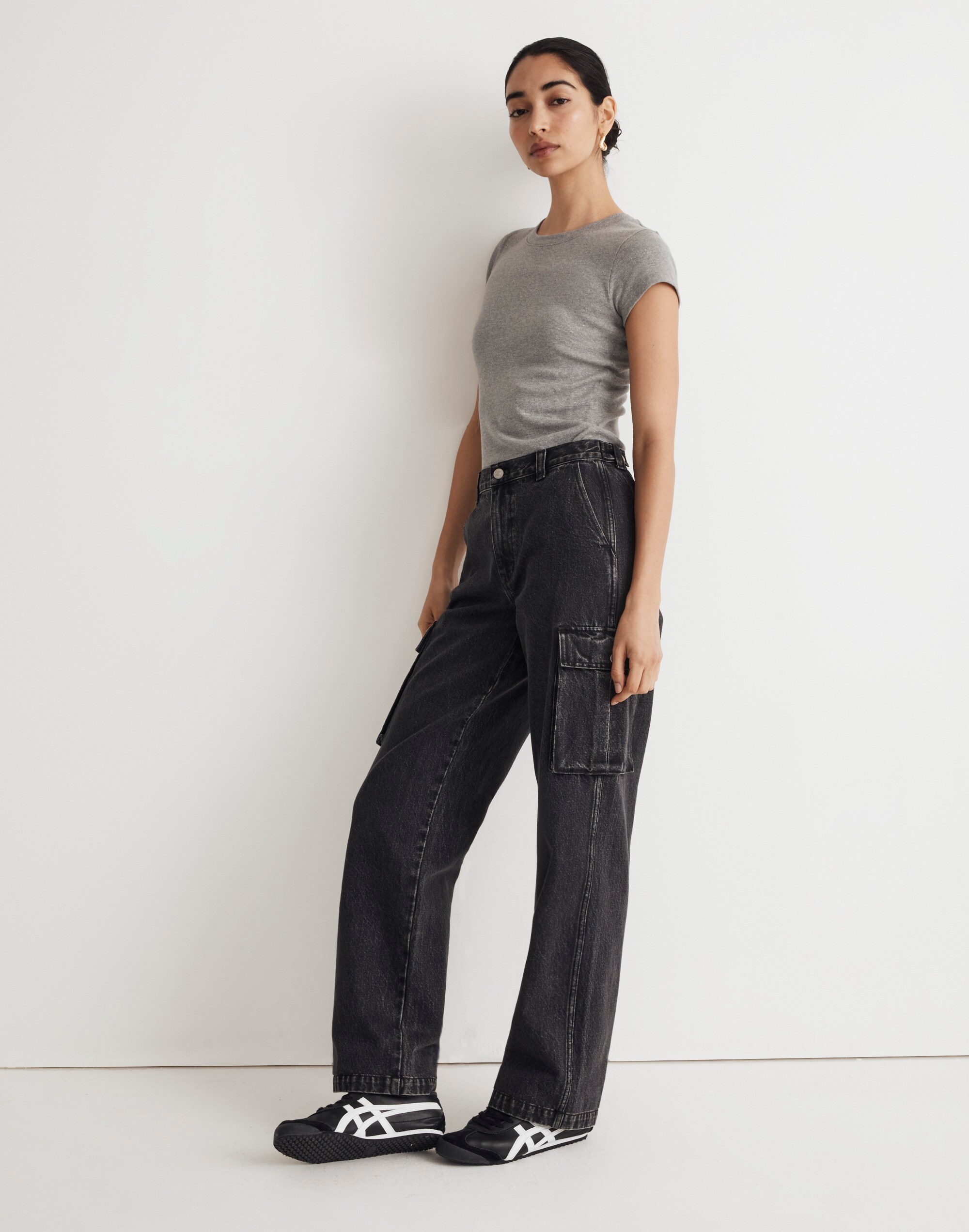 Petite Low-Slung Straight Cargo Jeans in Ranney Wash