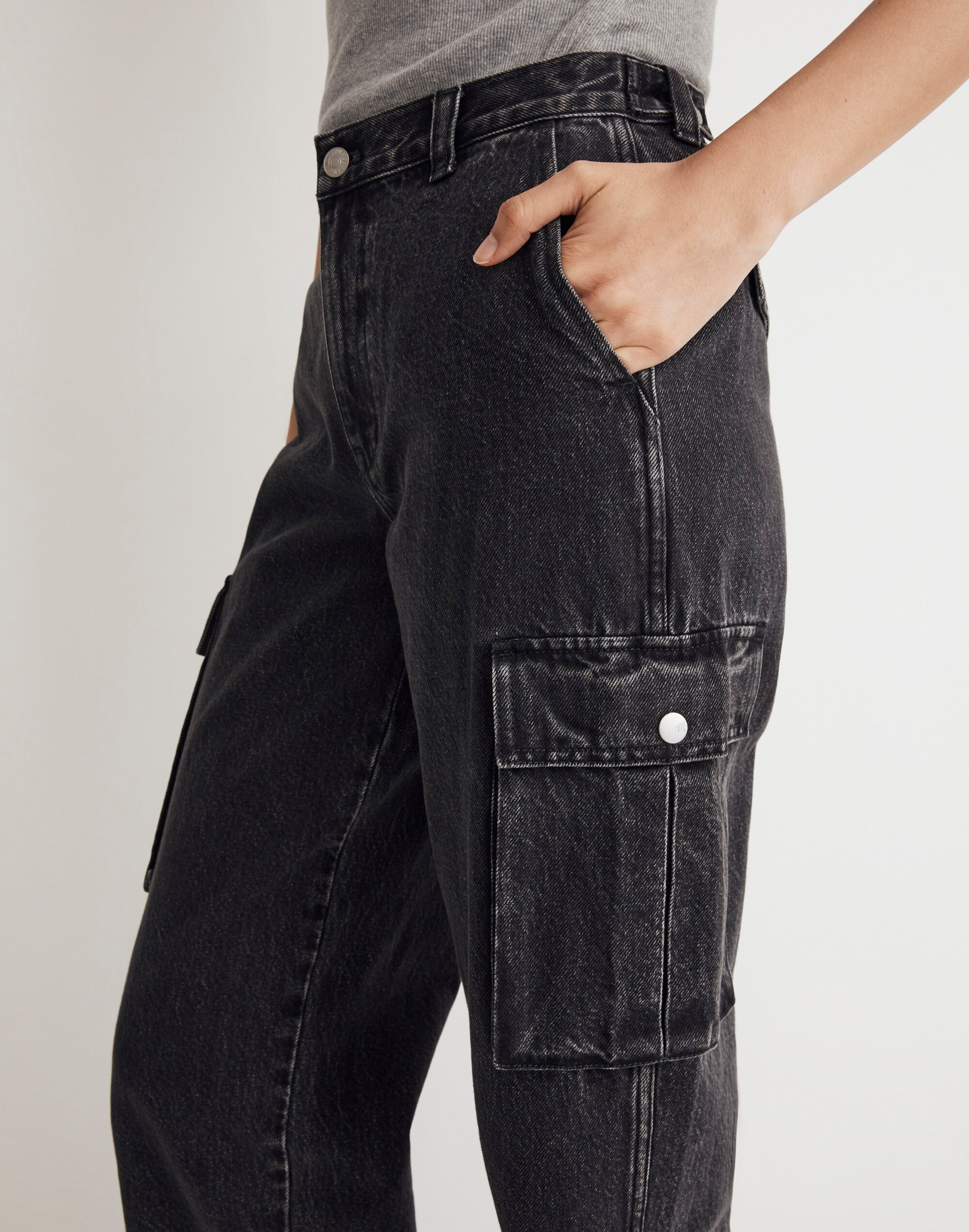 Petite Low-Slung Straight Cargo Jeans in Ranney Wash