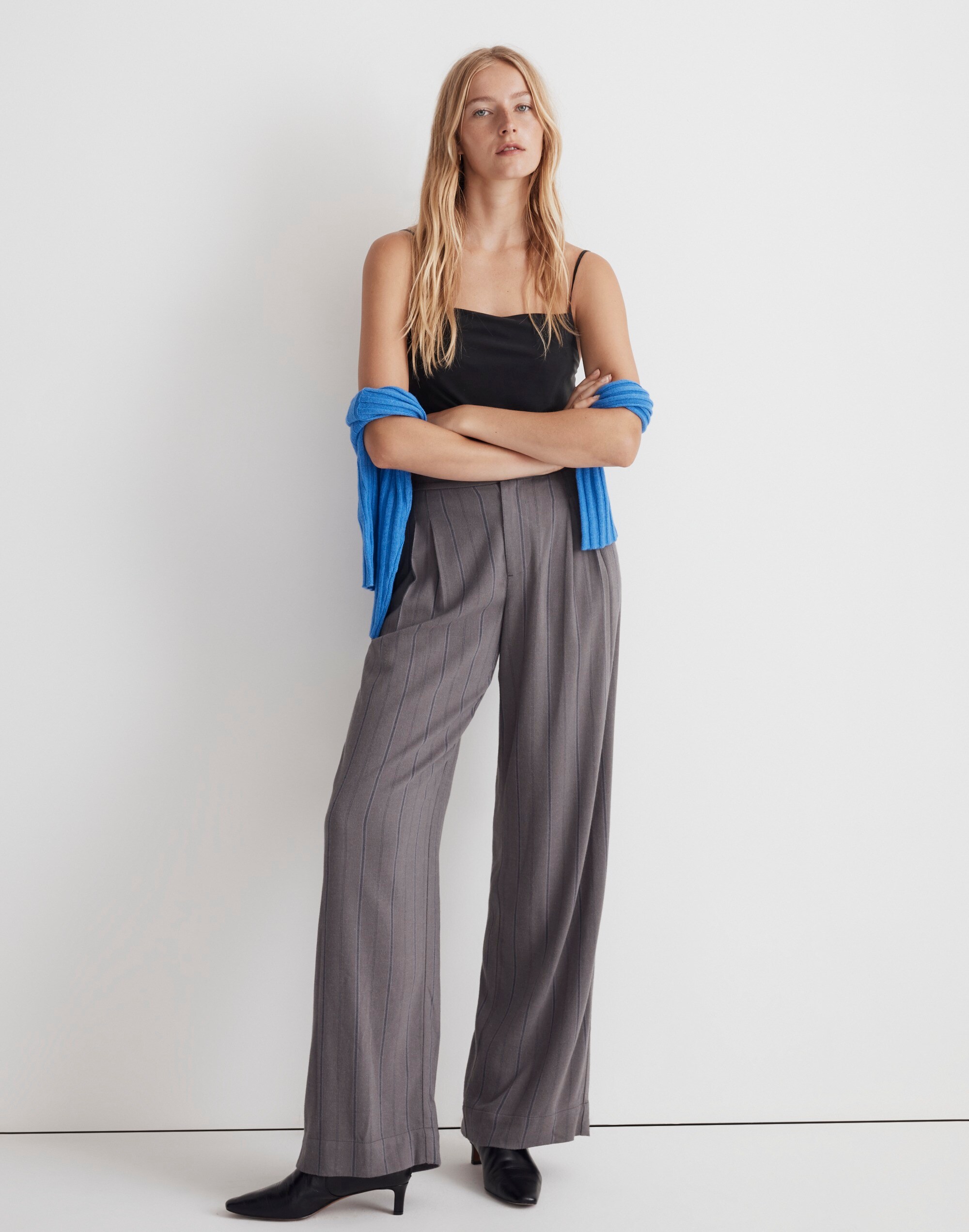 The Harlow Low-Slung Wide-Leg Pant in Pinstripe