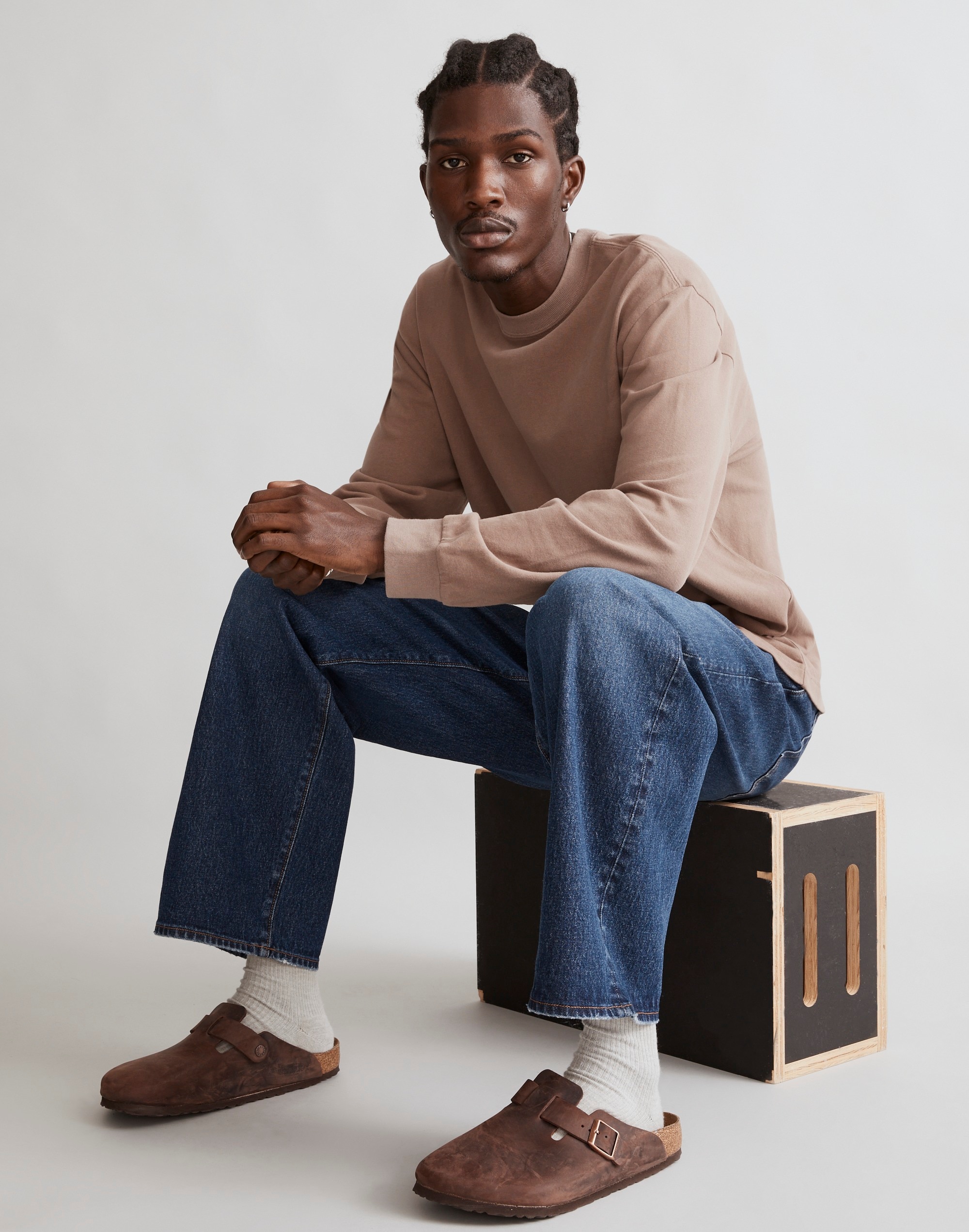 Brushed Long-Sleeve Boxy Tee in wet pebble image 1