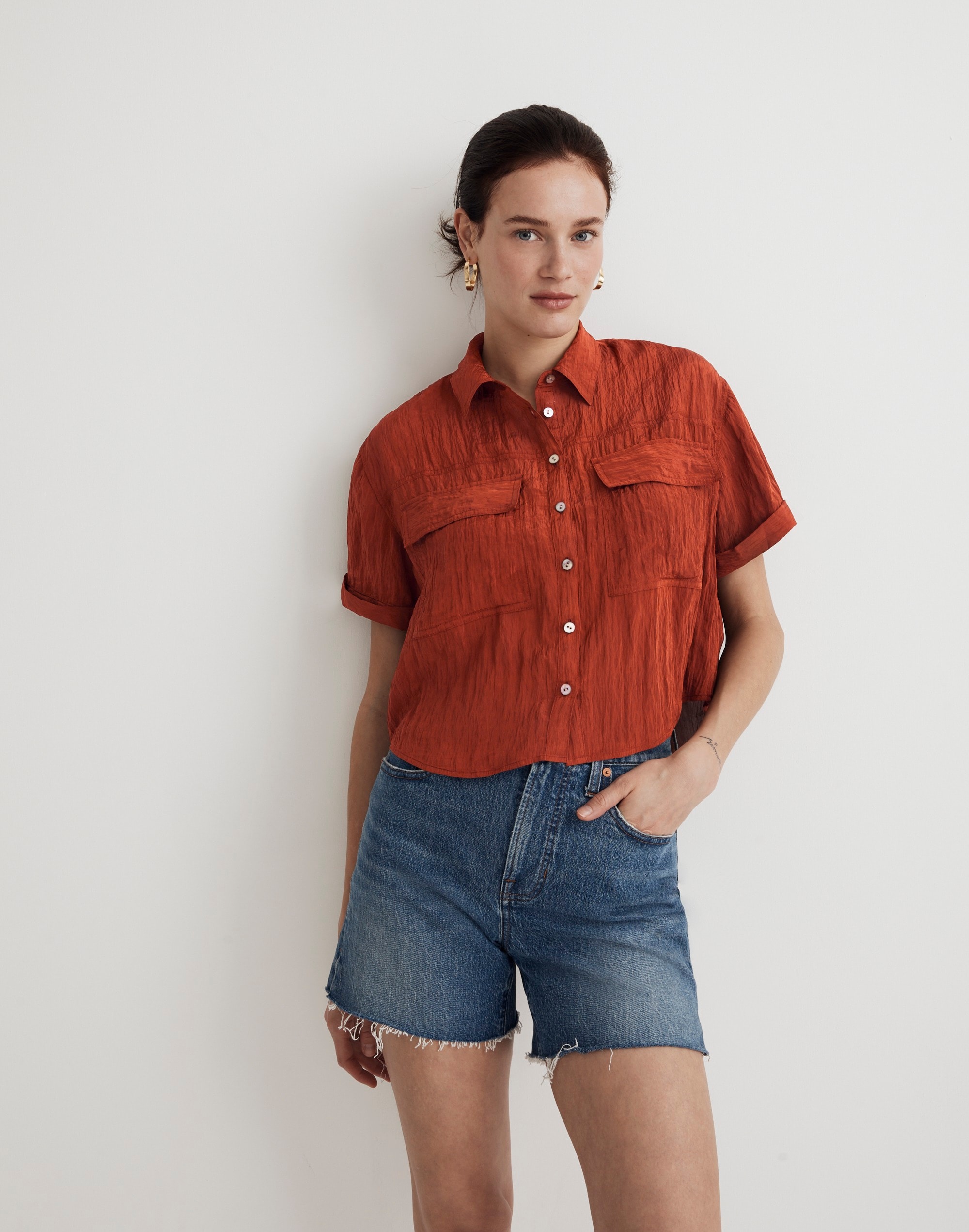 crinkled utility button-up shirt