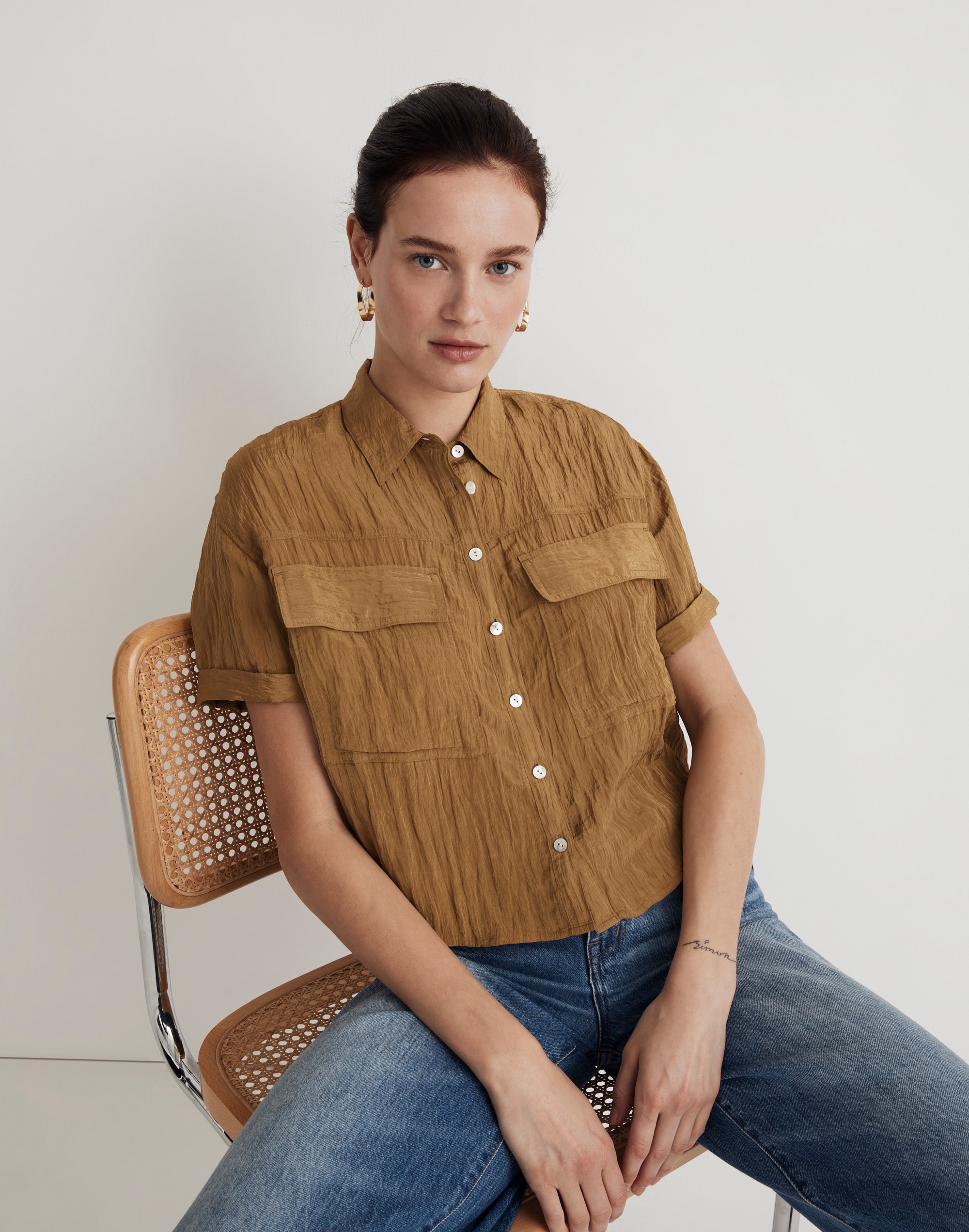 Crinkled Utility Button-Up Shirt