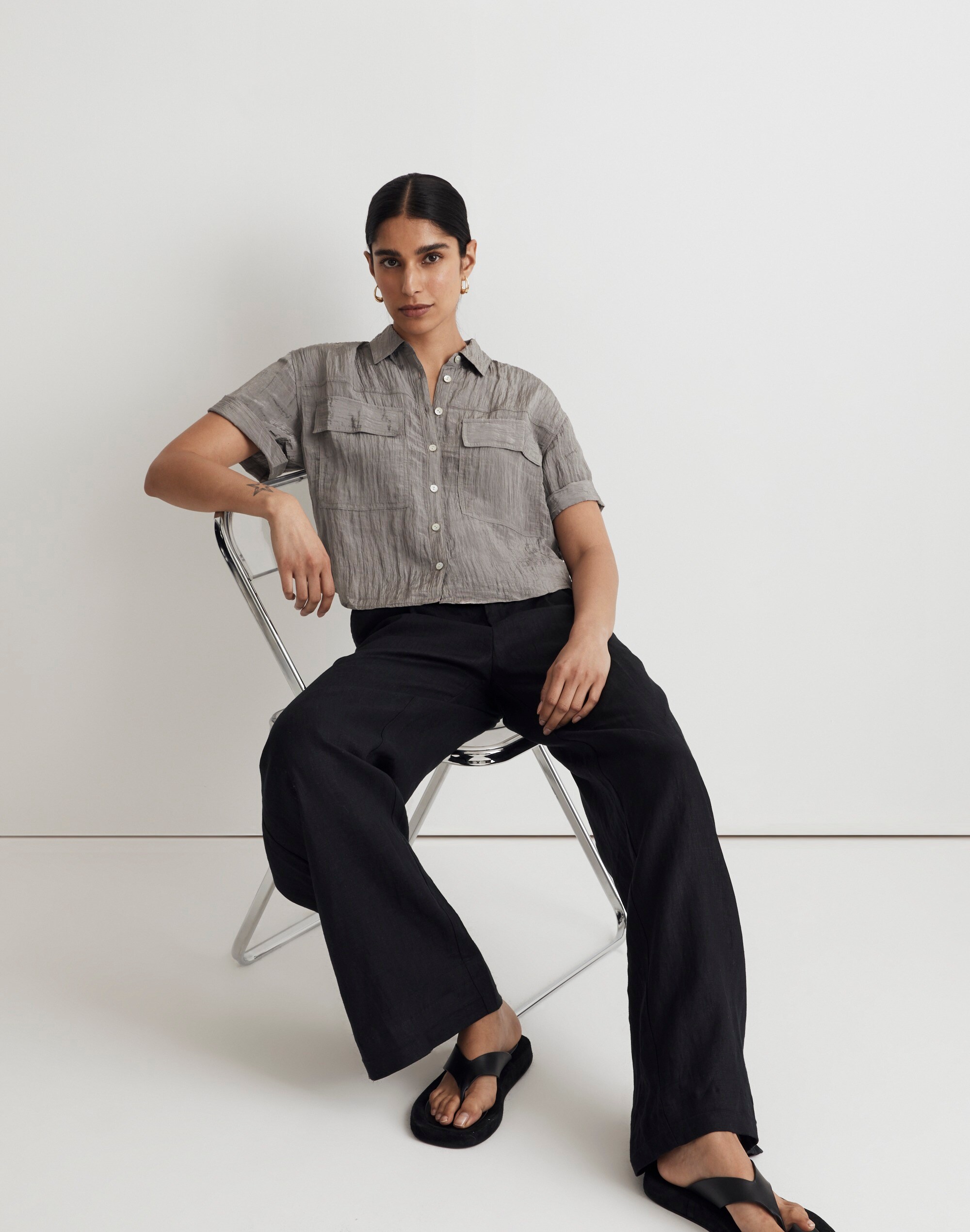 Crinkled Utility Button-Up Shirt