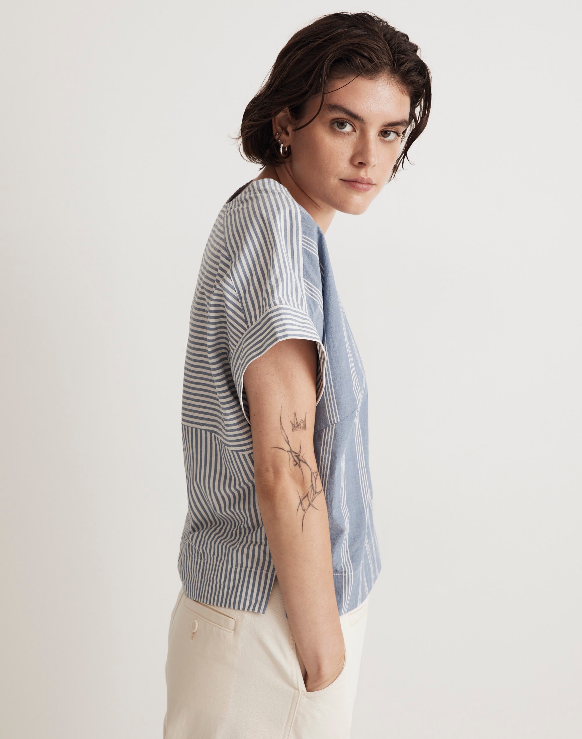 Crinkle Cotton Boxy Top in Mixed Stripe