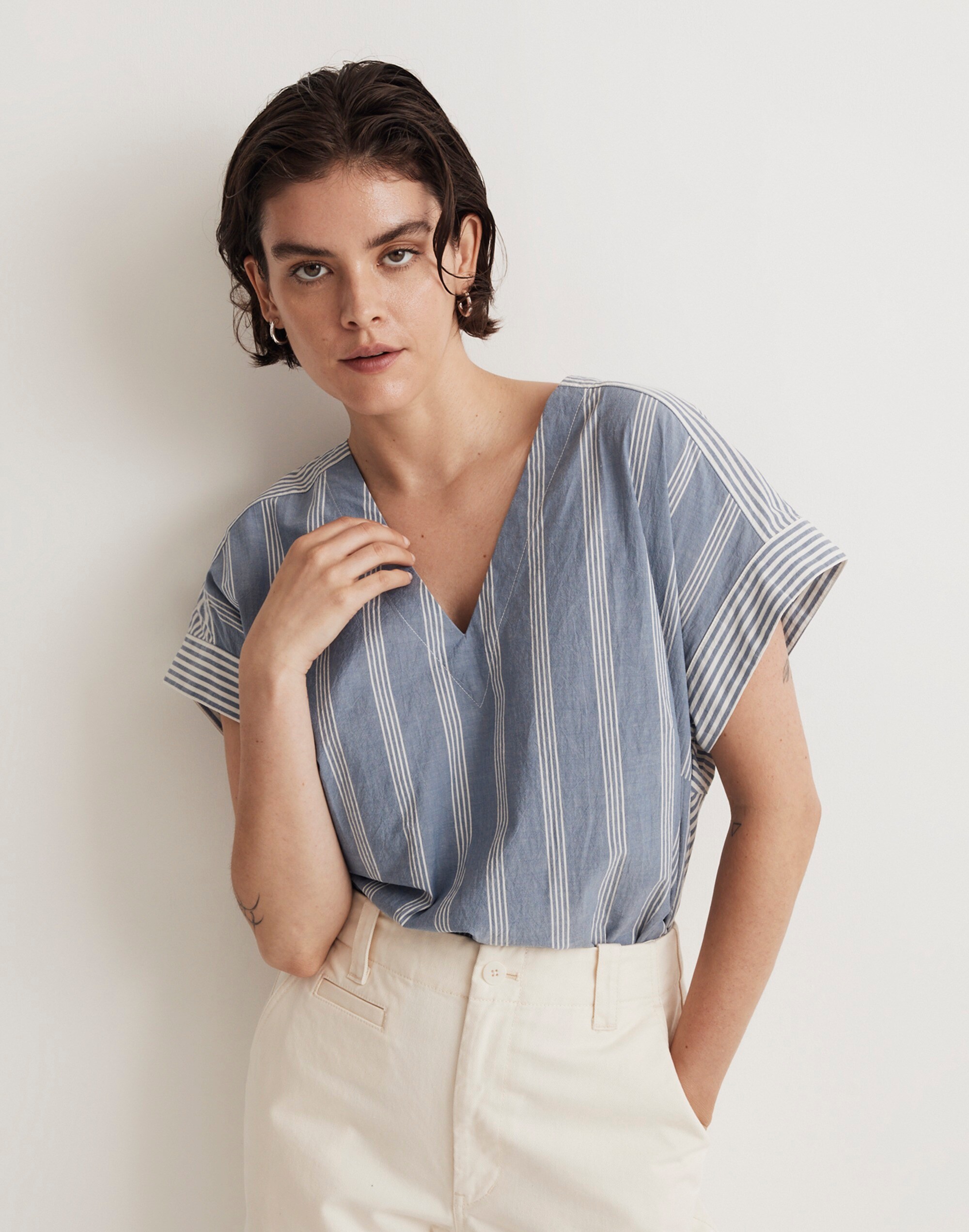 Crinkle Cotton Boxy Top in Mixed Stripe