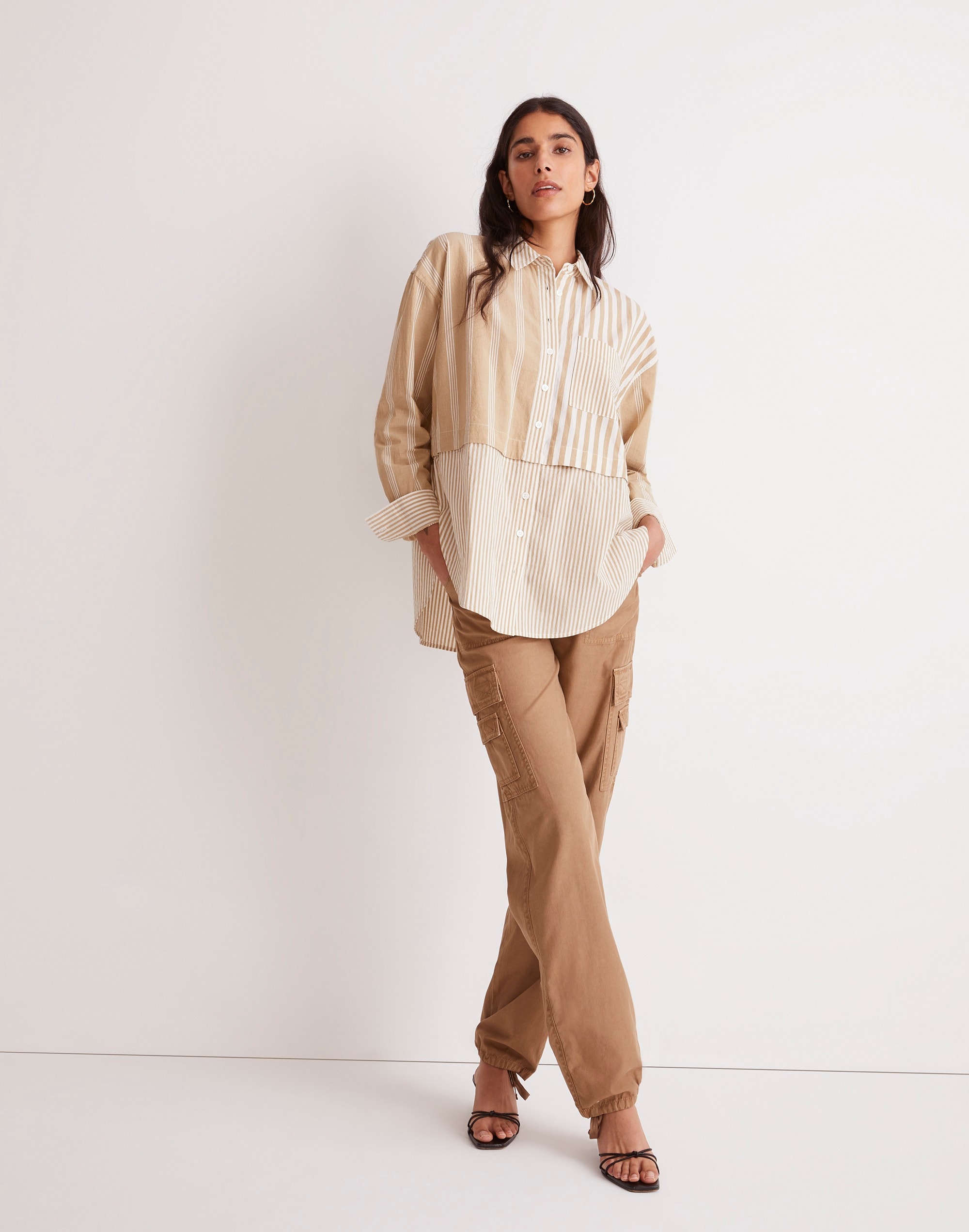 modular oversized button-up shirt in mixed stripe