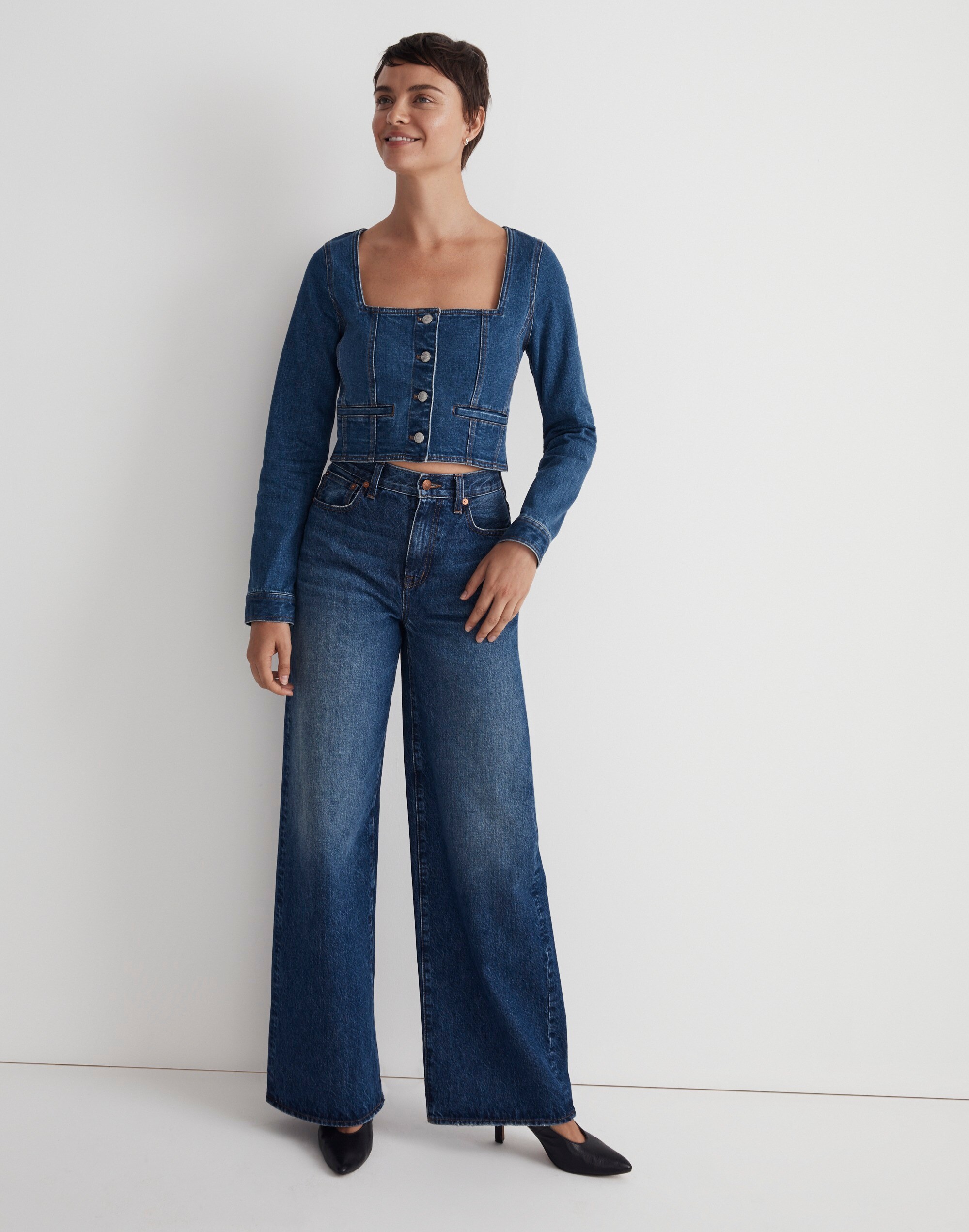 Denim Square-Neck Crop Top in Hallwood Wash