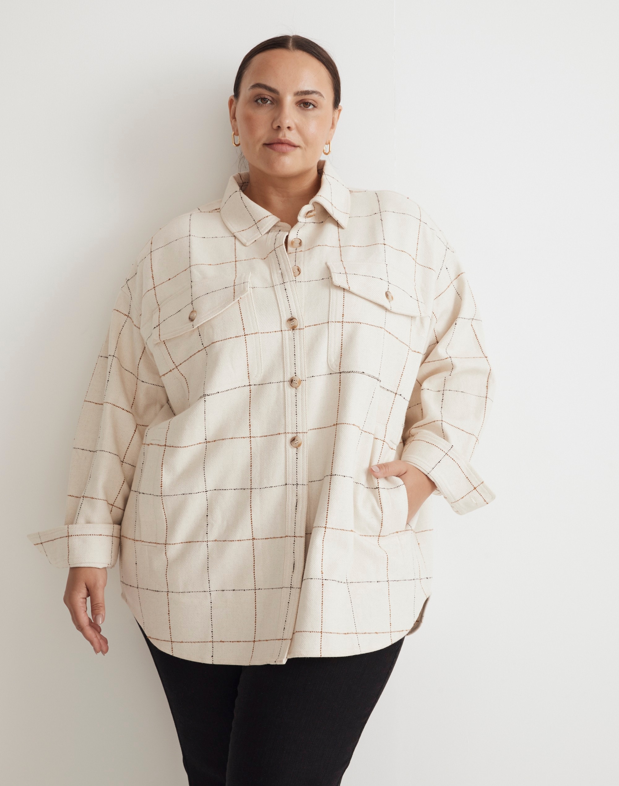 Boucl&eacute; Oversized Shirt-Jacket in Windowpane