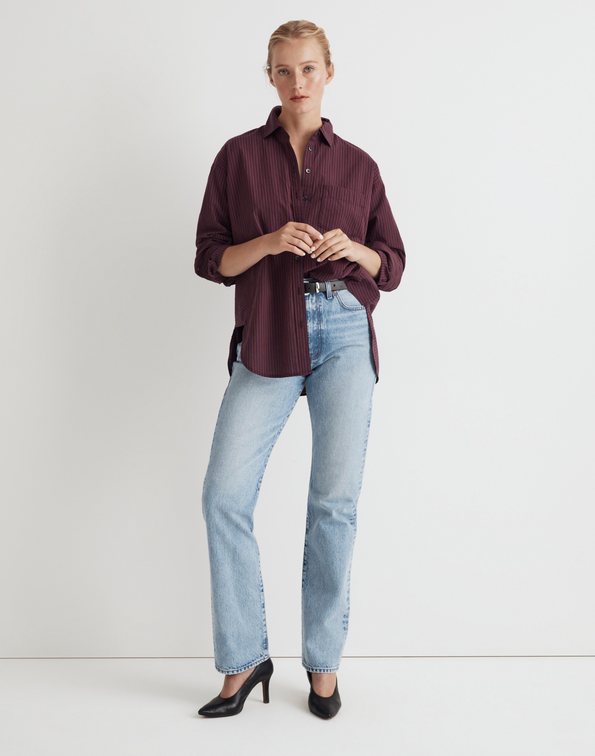 Poplin Side-Panel Dolman Button-Up Shirt in Stripe