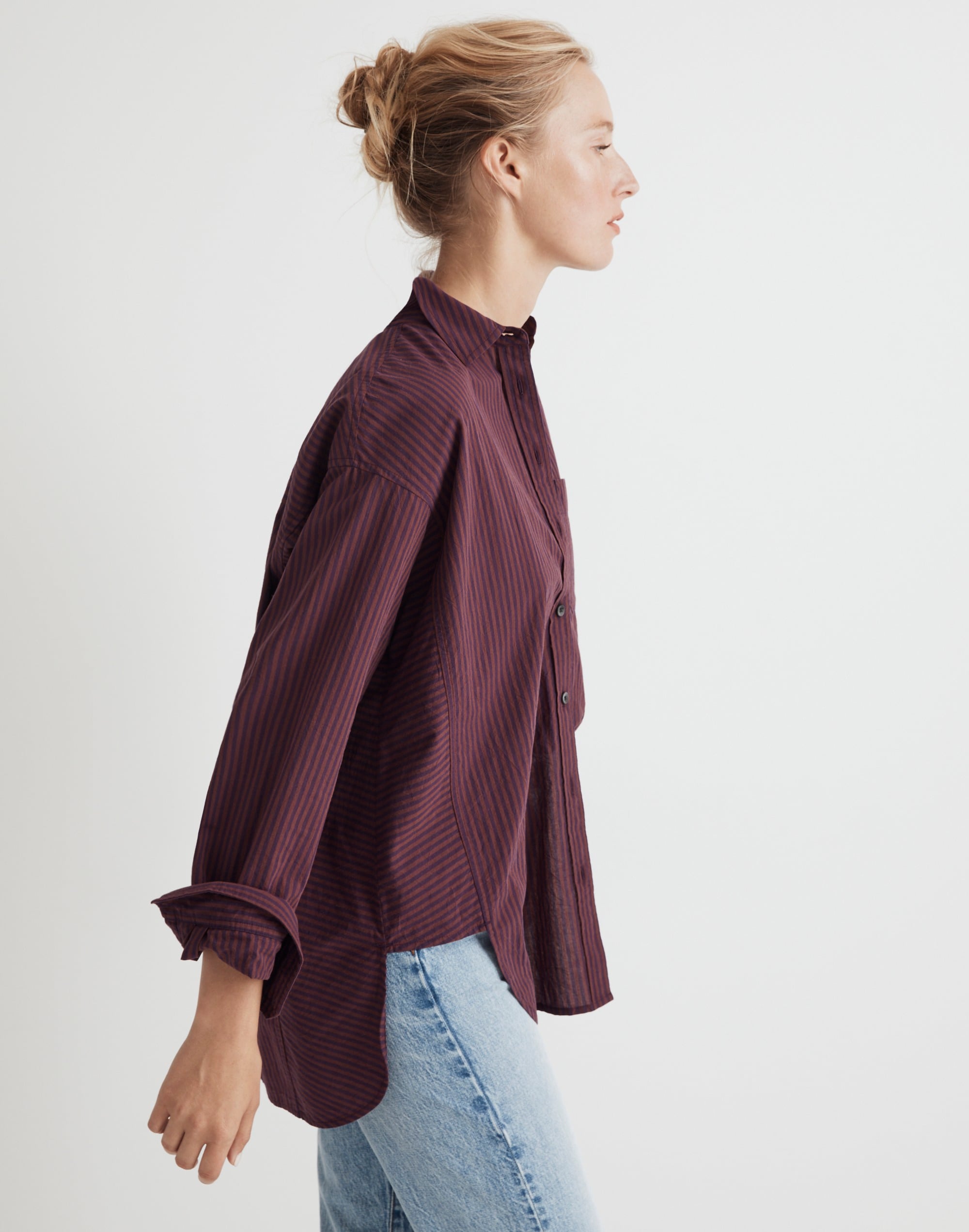 Poplin Side-Panel Dolman Button-Up Shirt in Stripe