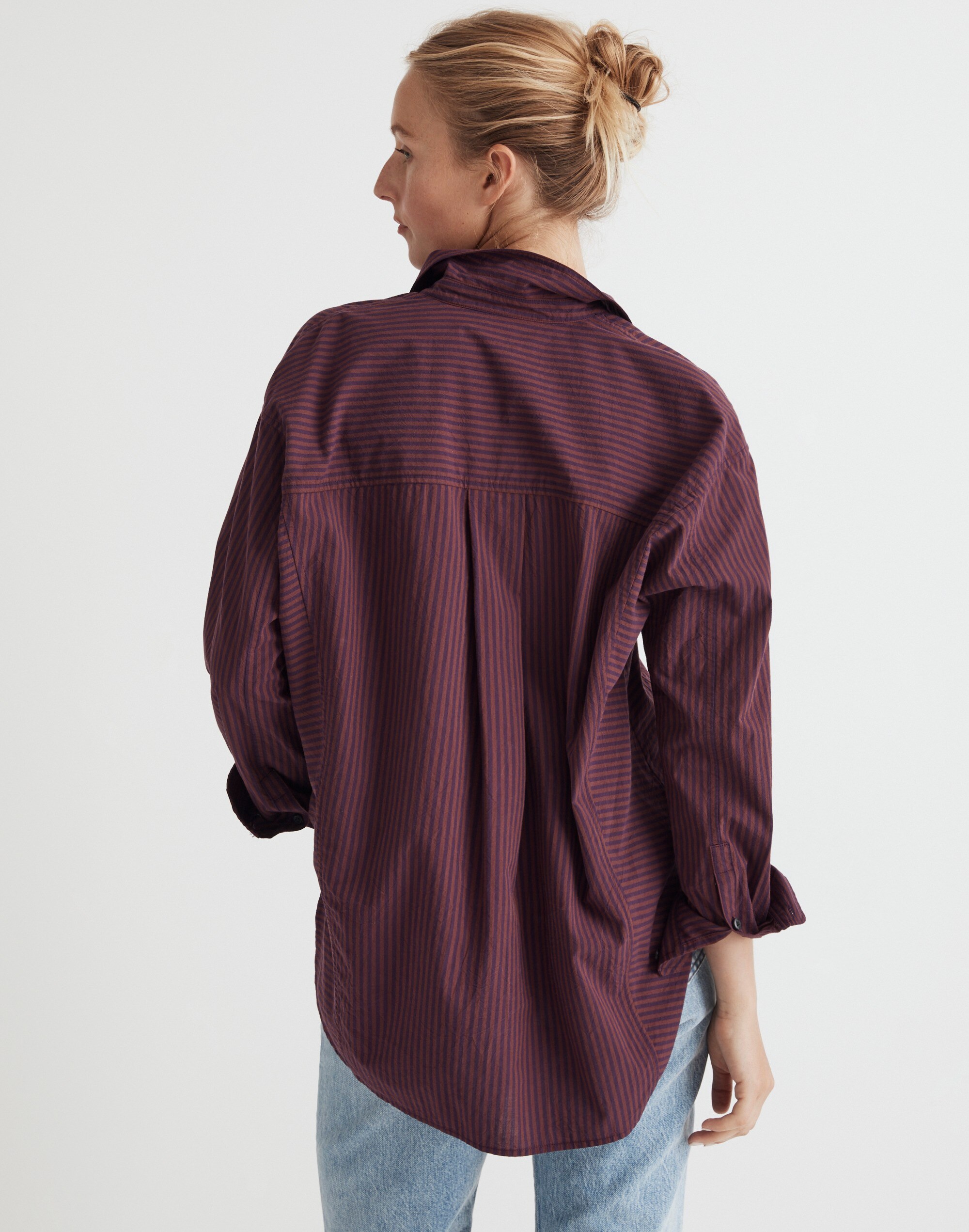 Poplin Side-Panel Dolman Button-Up Shirt in Stripe