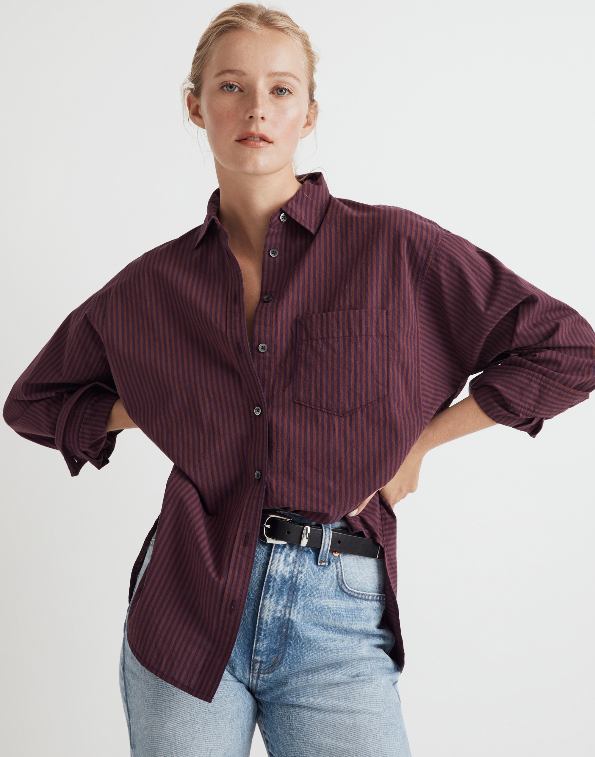 Poplin Side-Panel Dolman Button-Up Shirt in Stripe