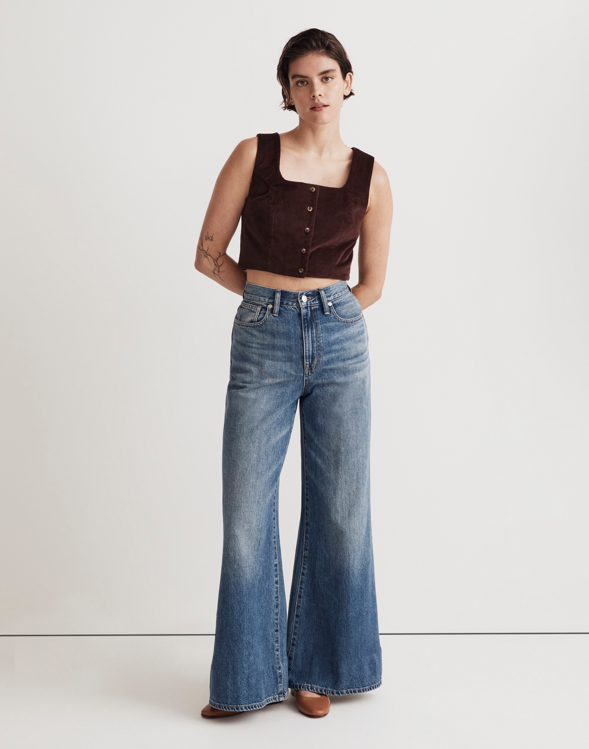 Corduroy Twill Button-Front Crop Bralette Top