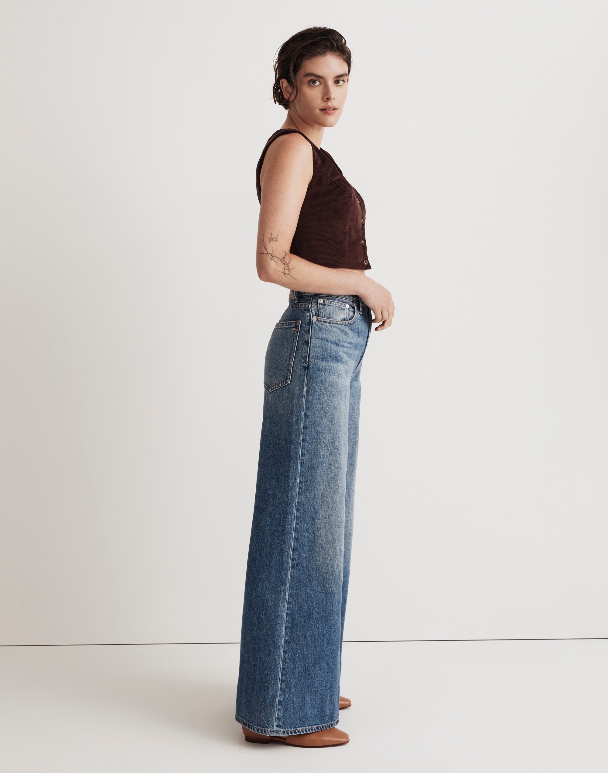 Corduroy Twill Button-Front Crop Bralette Top