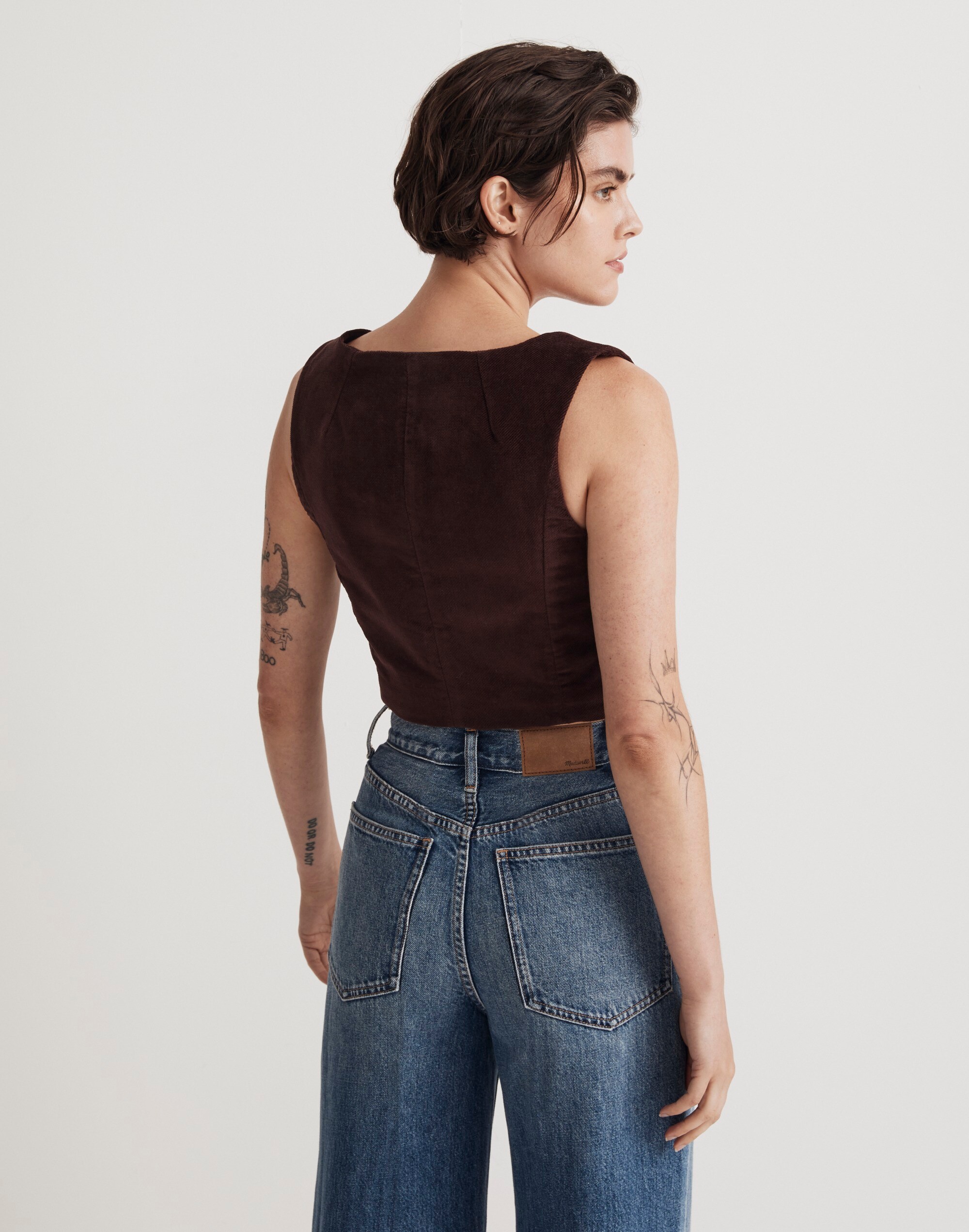 Corduroy Twill Button-Front Crop Bralette Top