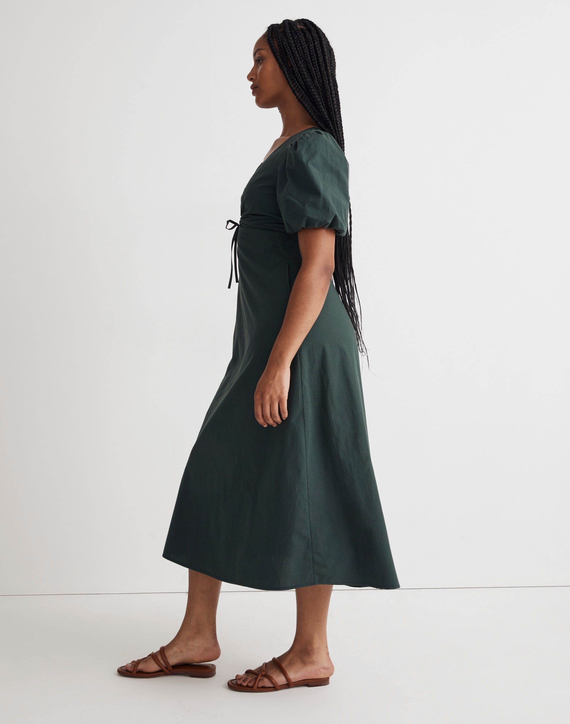 Poplin Cutout Puff-Sleeve Midi Dress