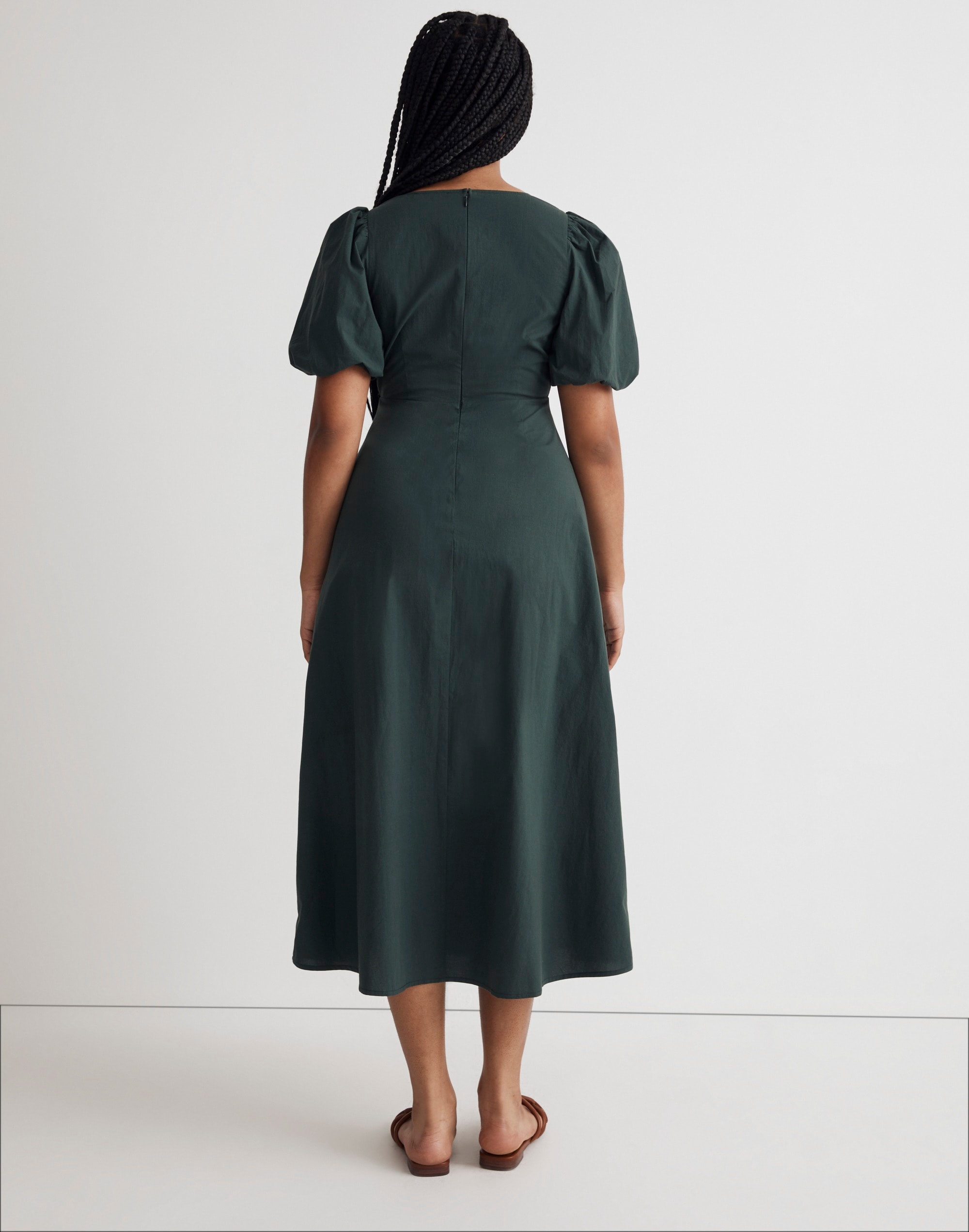 Poplin Cutout Puff-Sleeve Midi Dress