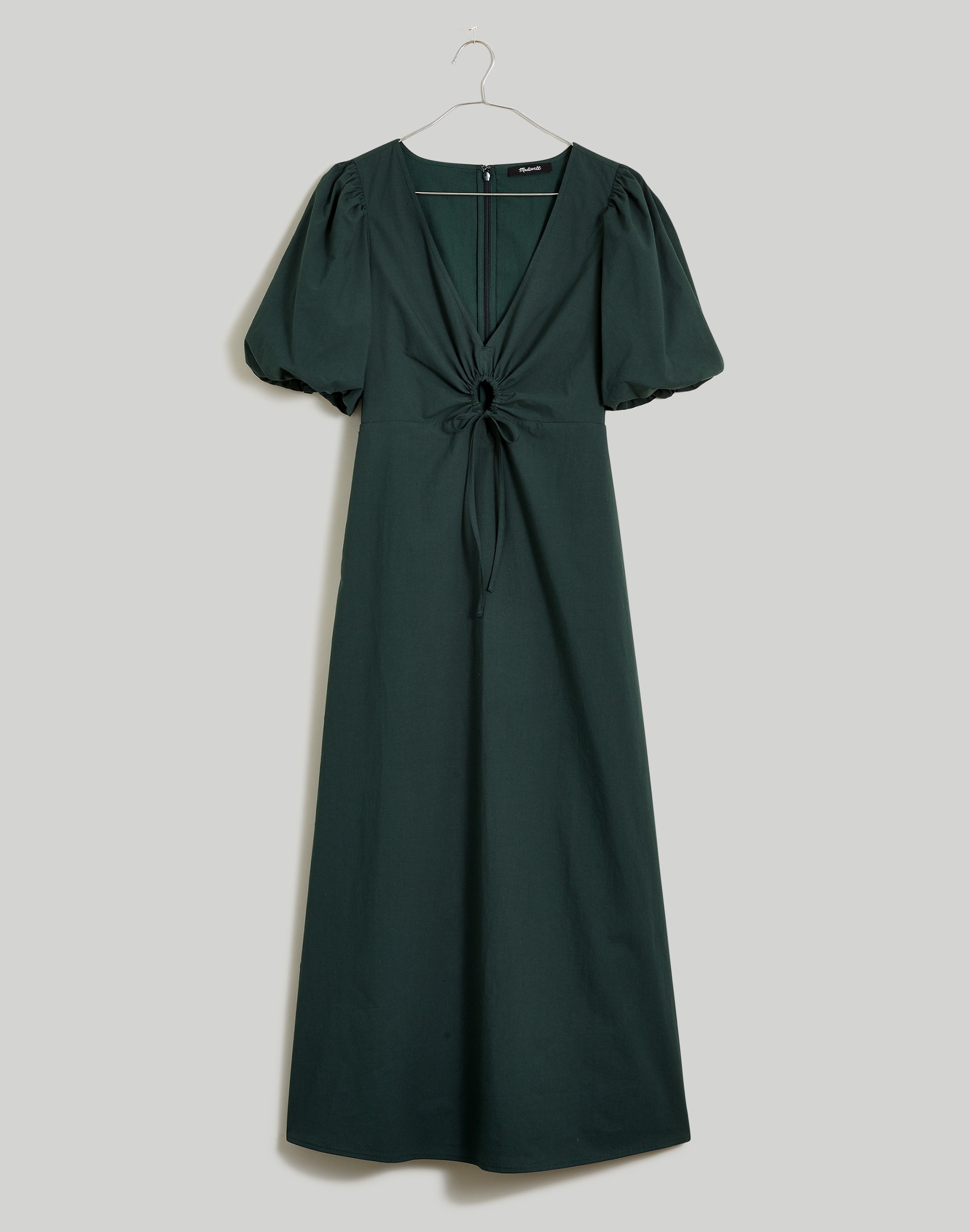 Poplin Cutout Puff-Sleeve Midi Dress