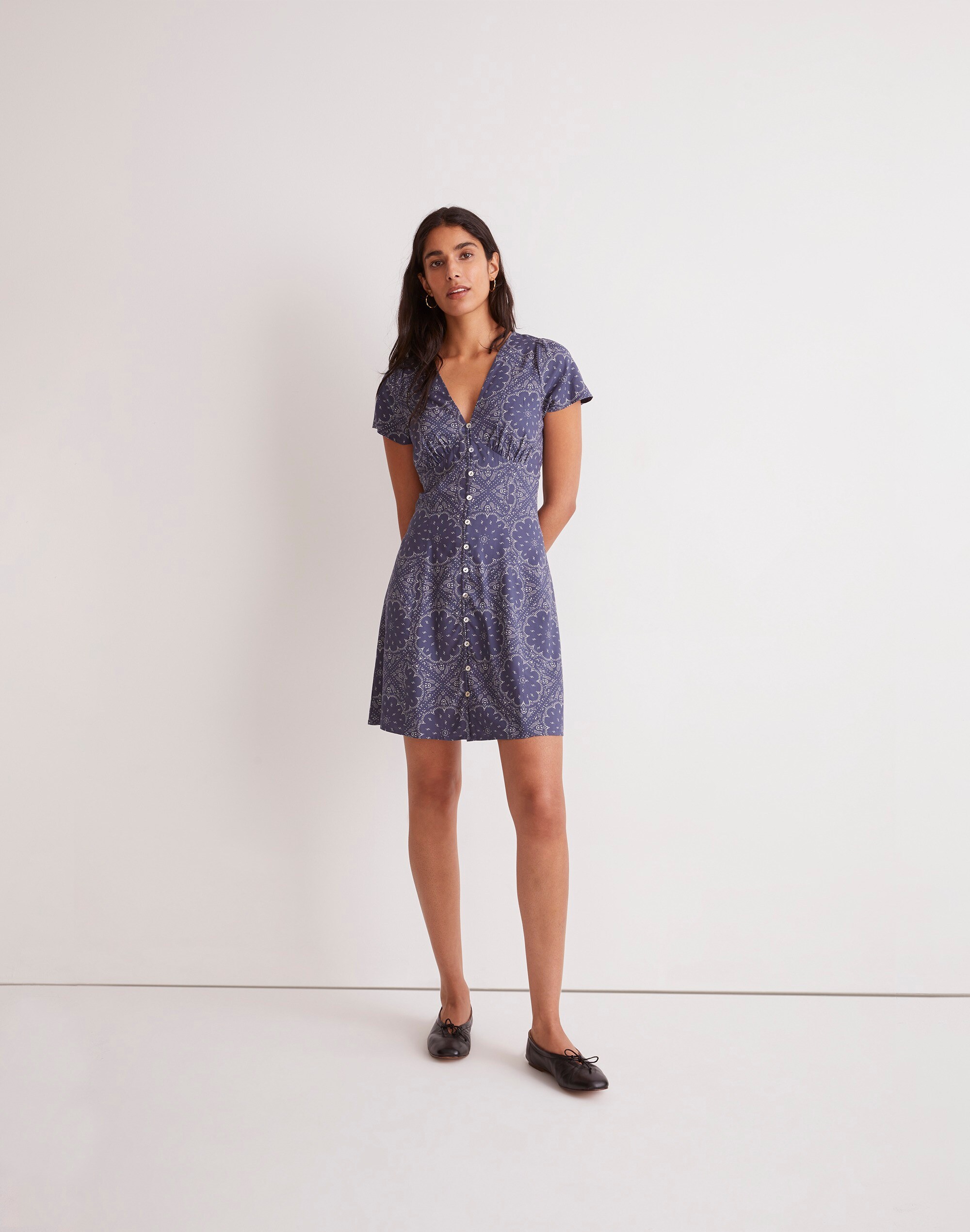 Shirred Button-Front Mini Dress