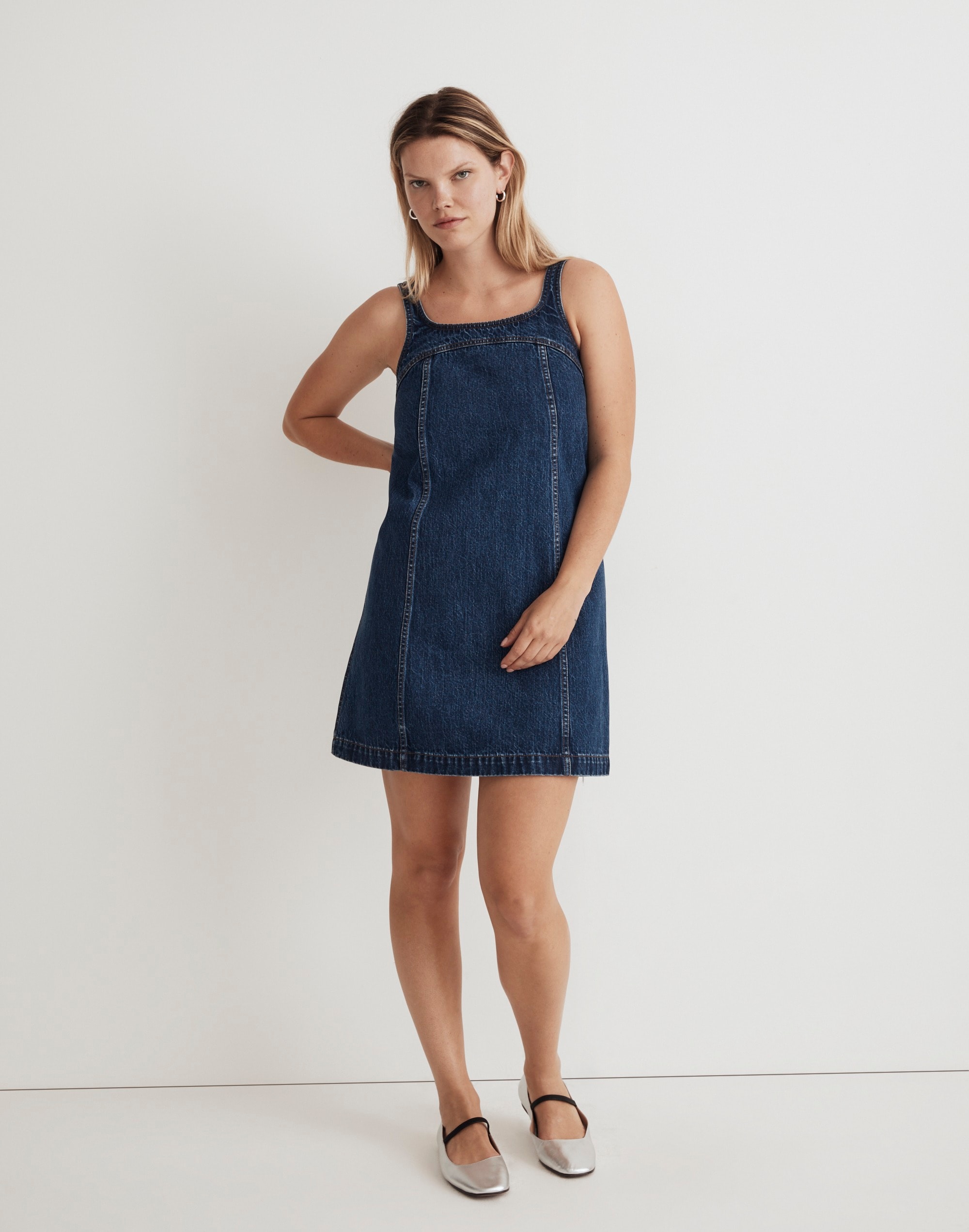 blue dress for baby girl Madewell Blue Puff 3/4 Sleeve Square Neck Stretch Tiered A Line Mini D –  Brie main image 1