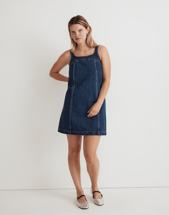 a line dress denim Hair Down Square Neck A-Line Midi Floral line silhouette Talissa A-Line Maxi Denim Dress
