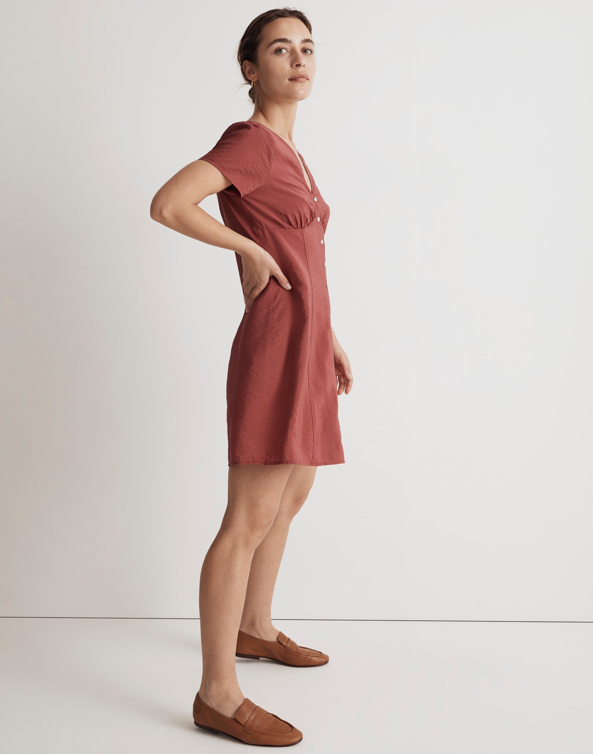 Shirred Button-Front Mini Dress