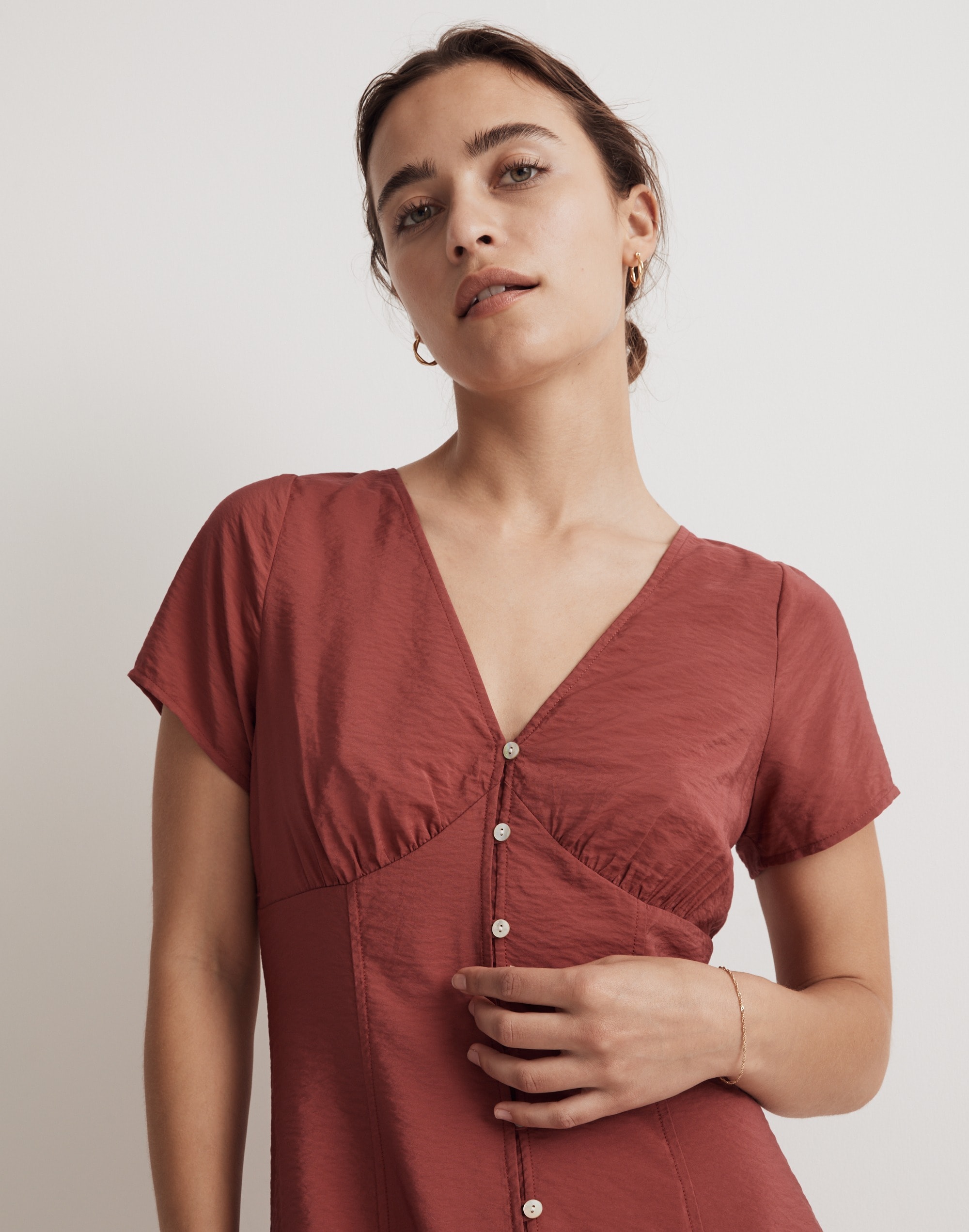 Shirred Button-Front Mini Dress