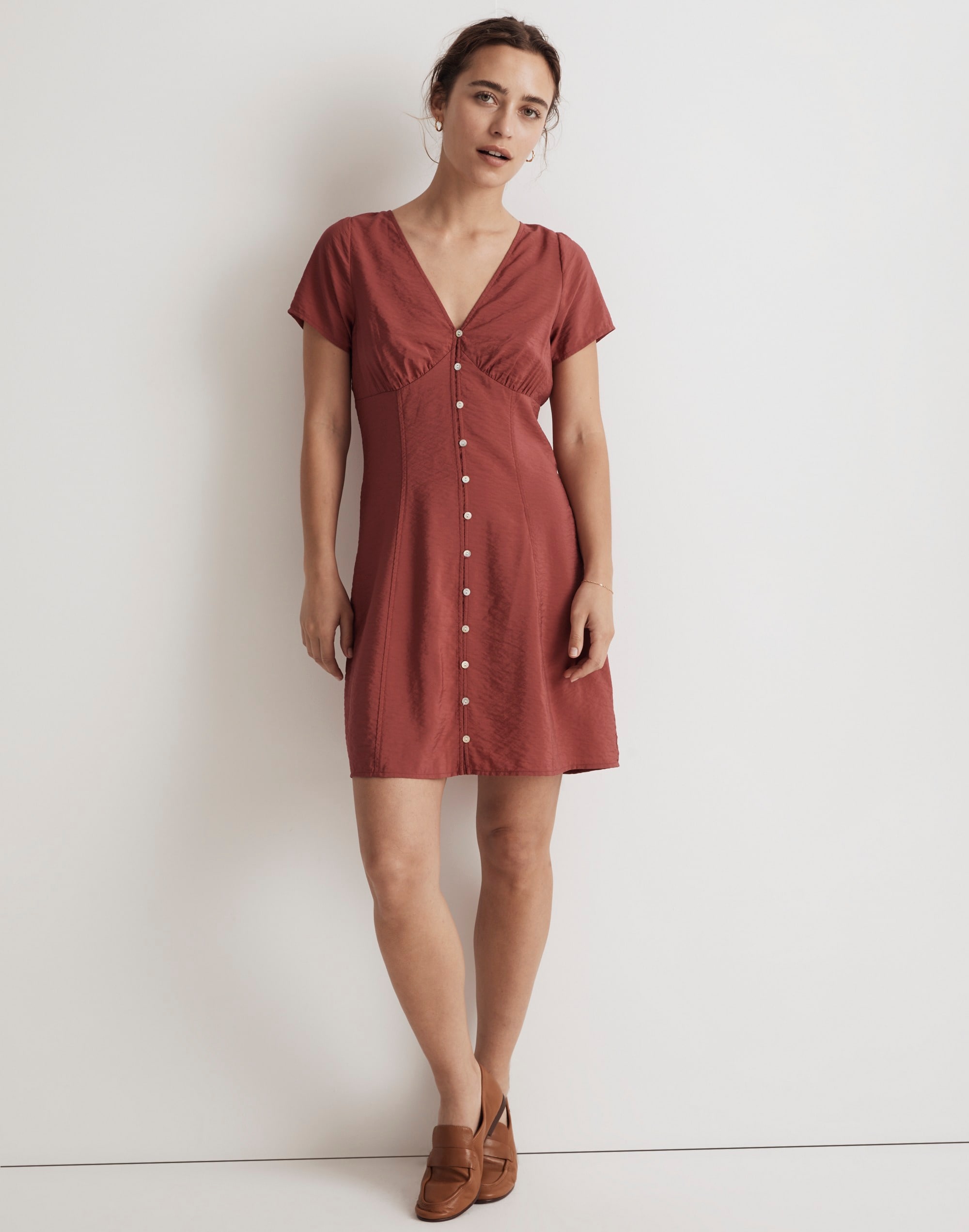 Shirred Button-Front Mini Dress