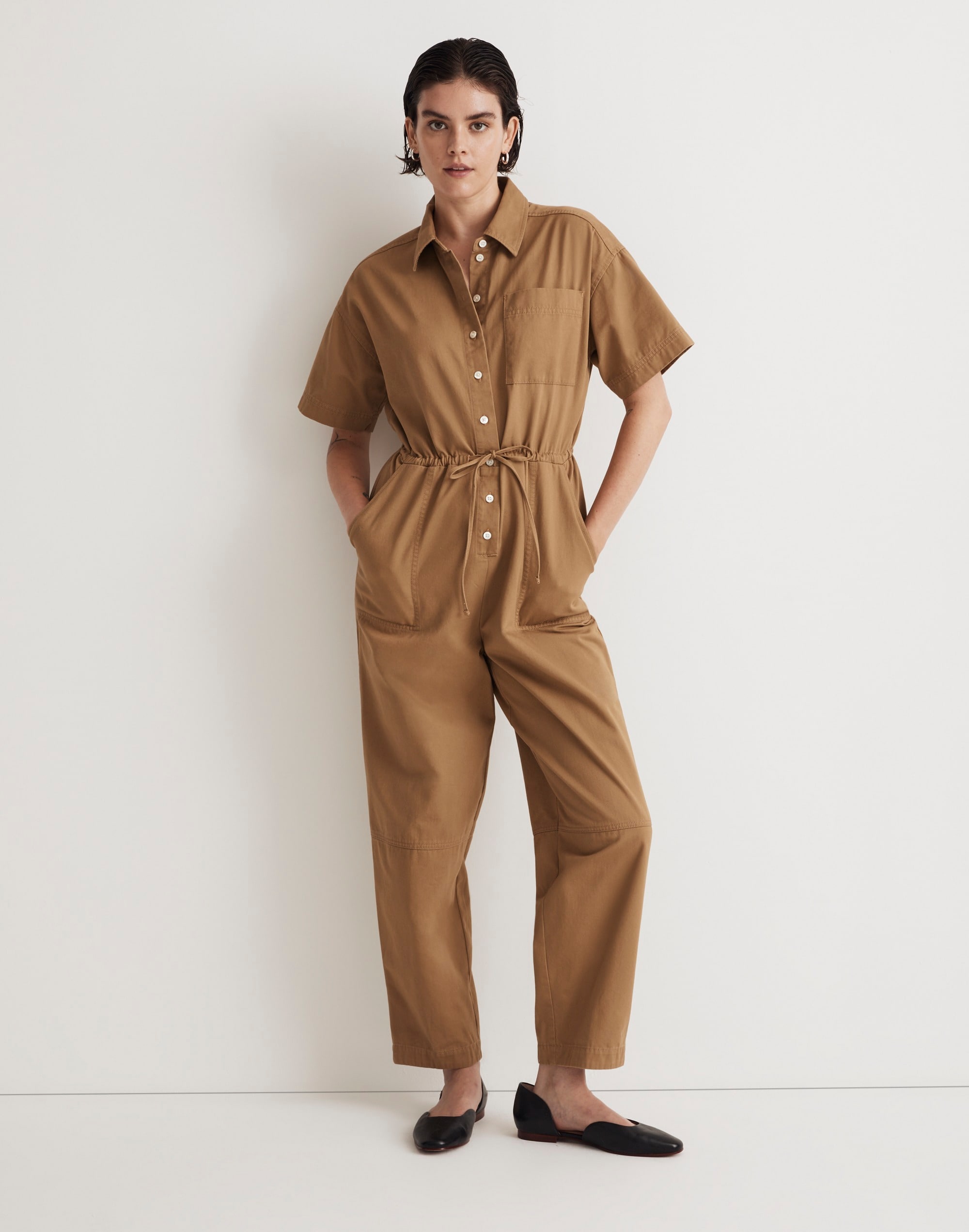 Tie-Waist Short-Sleeve Jumpsuit in (Re)generative Chino