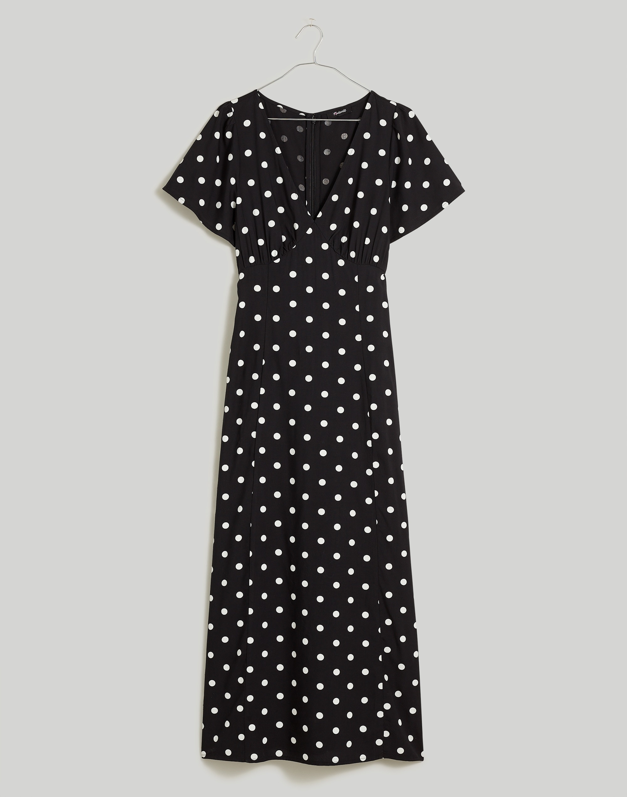 Flutter-Sleeve V-Neck Midi Dress in Polka Dot