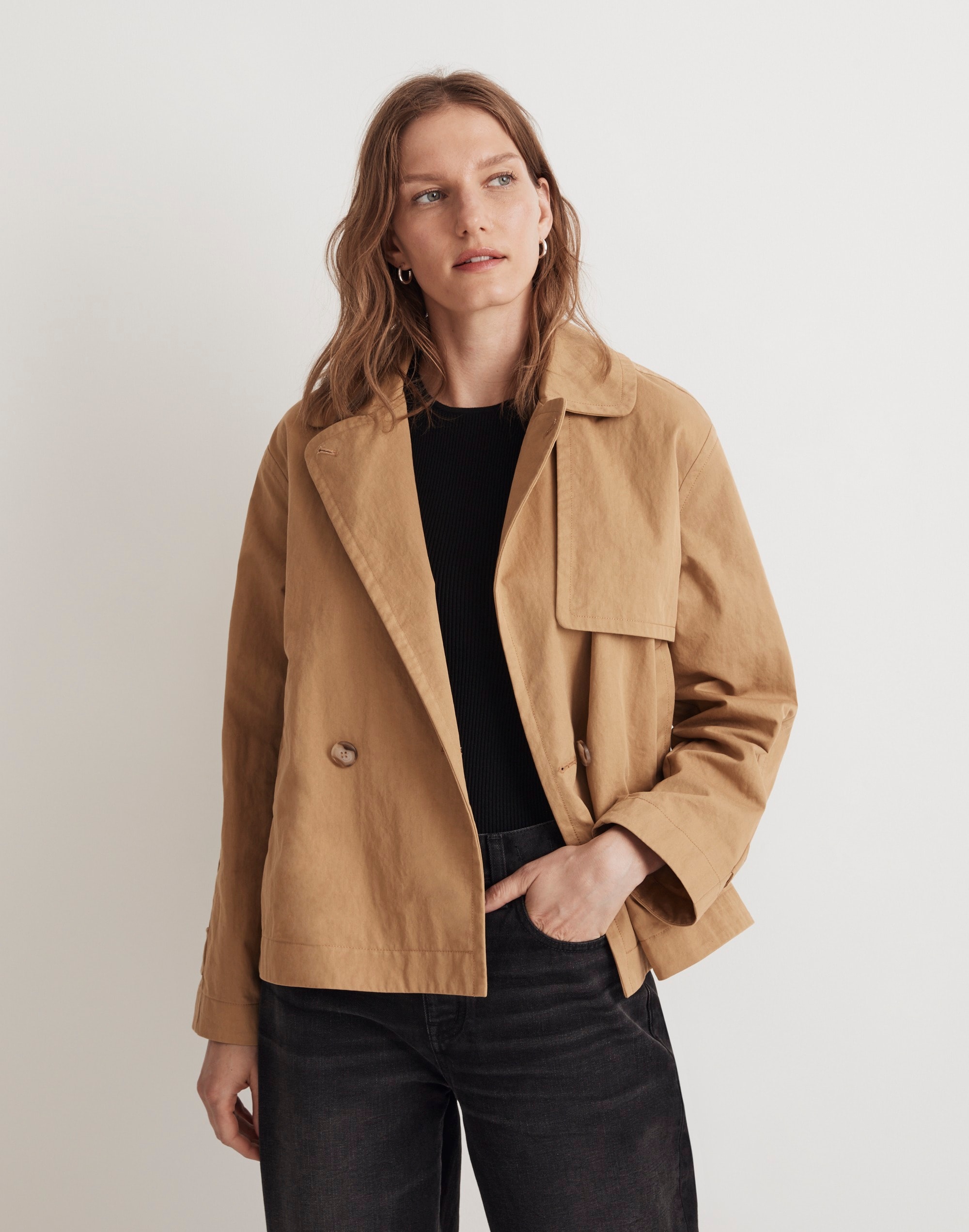 double-breasted crop trench coat