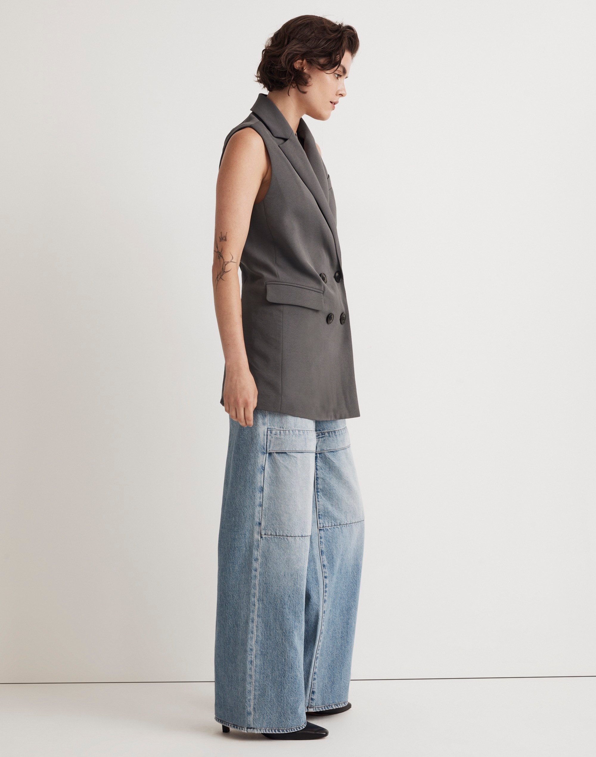 Double-Breasted Oversized Vest Top Easygoing Crepe
