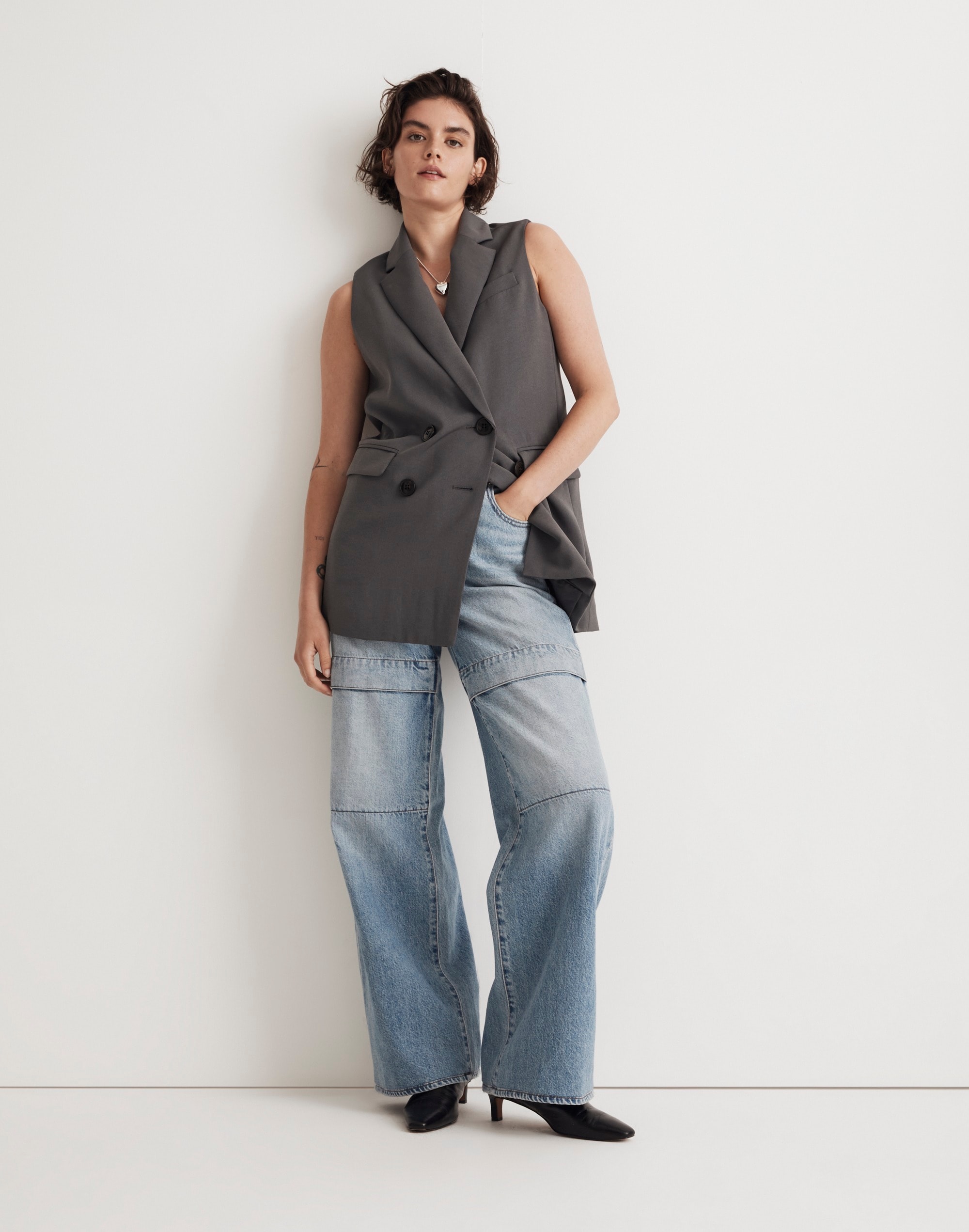 Double-Breasted Oversized Vest Top Easygoing Crepe