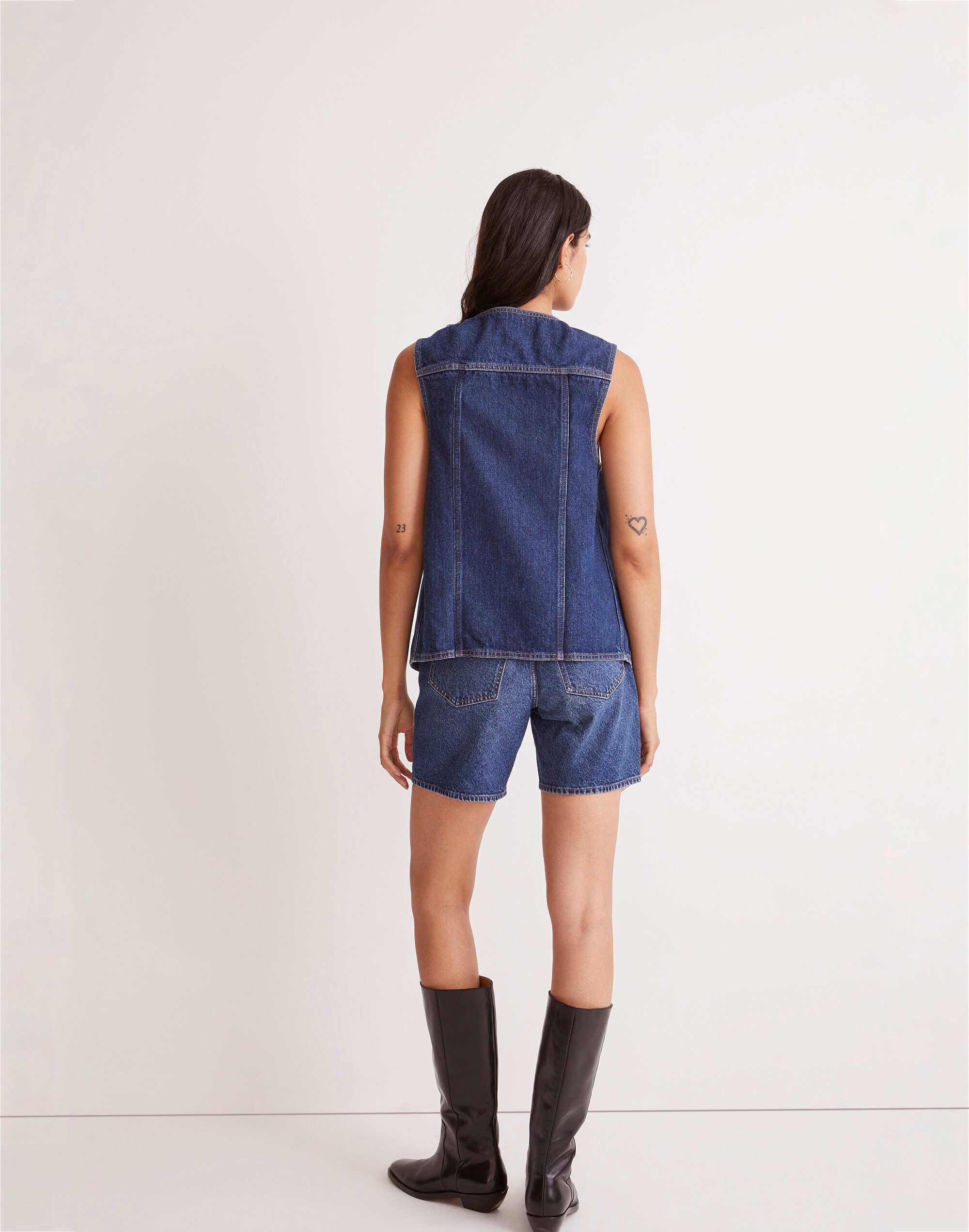Denim Snap-Front Long Vest in Sedgwick Wash