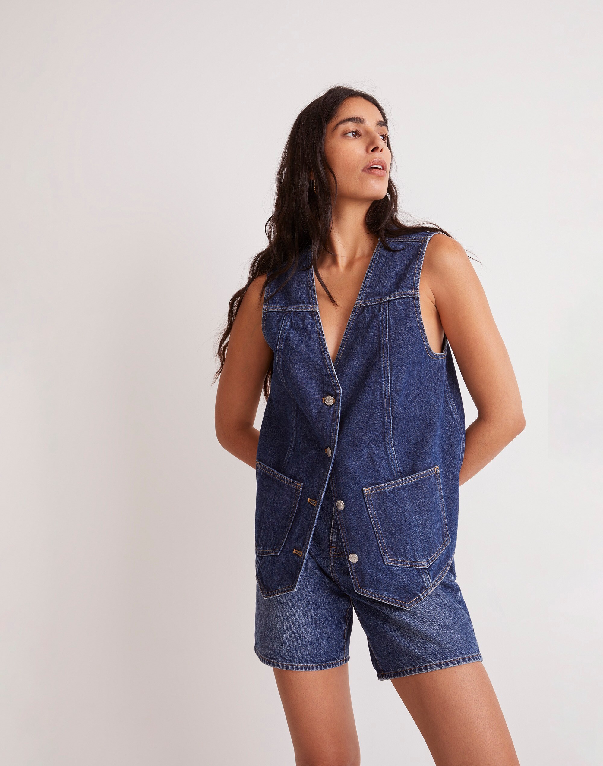 Denim Snap-Front Long Vest in Sedgwick Wash
