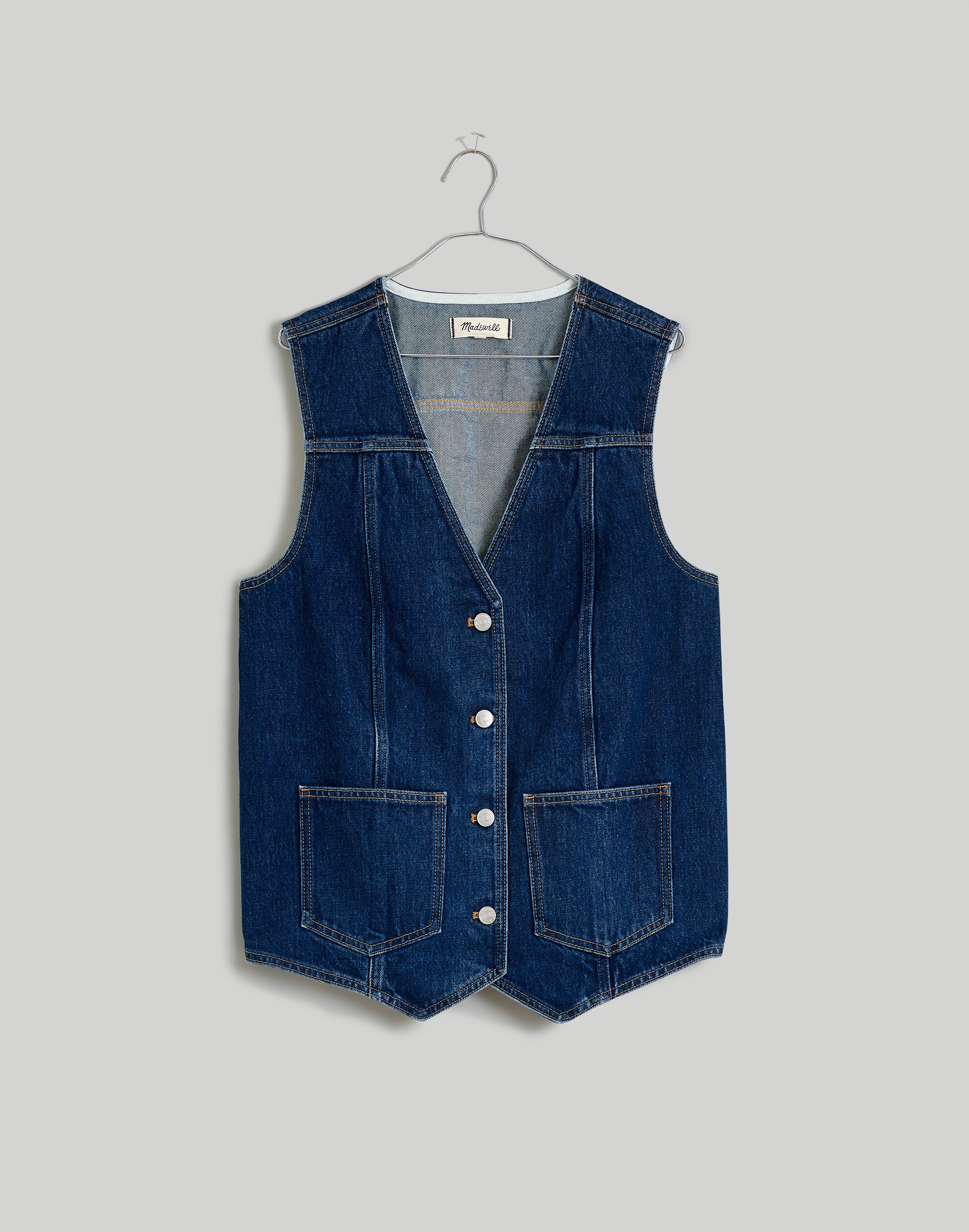 Denim Snap-Front Long Vest in Sedgwick Wash