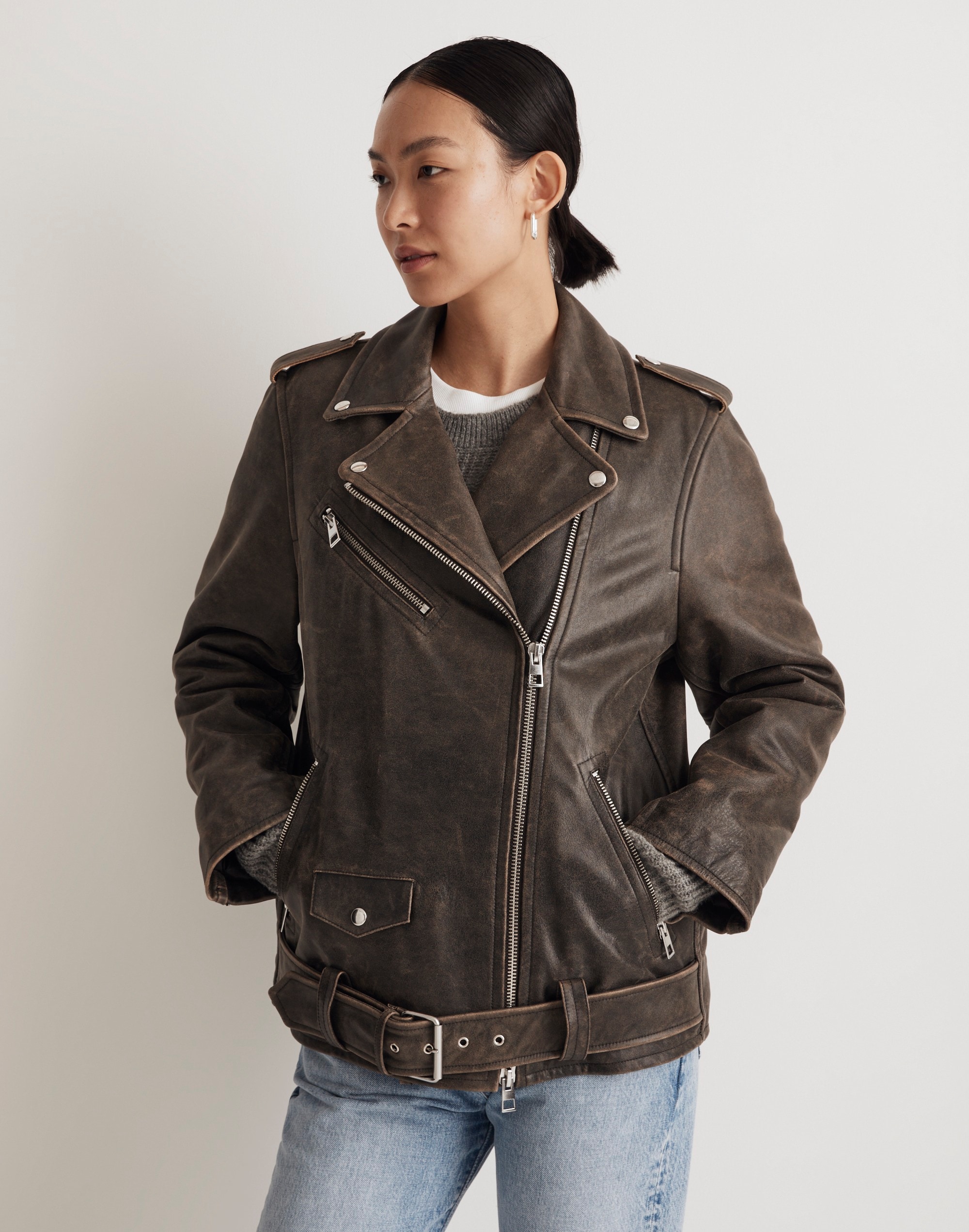 Distressed Leather Oversized Motorcycle Jacket