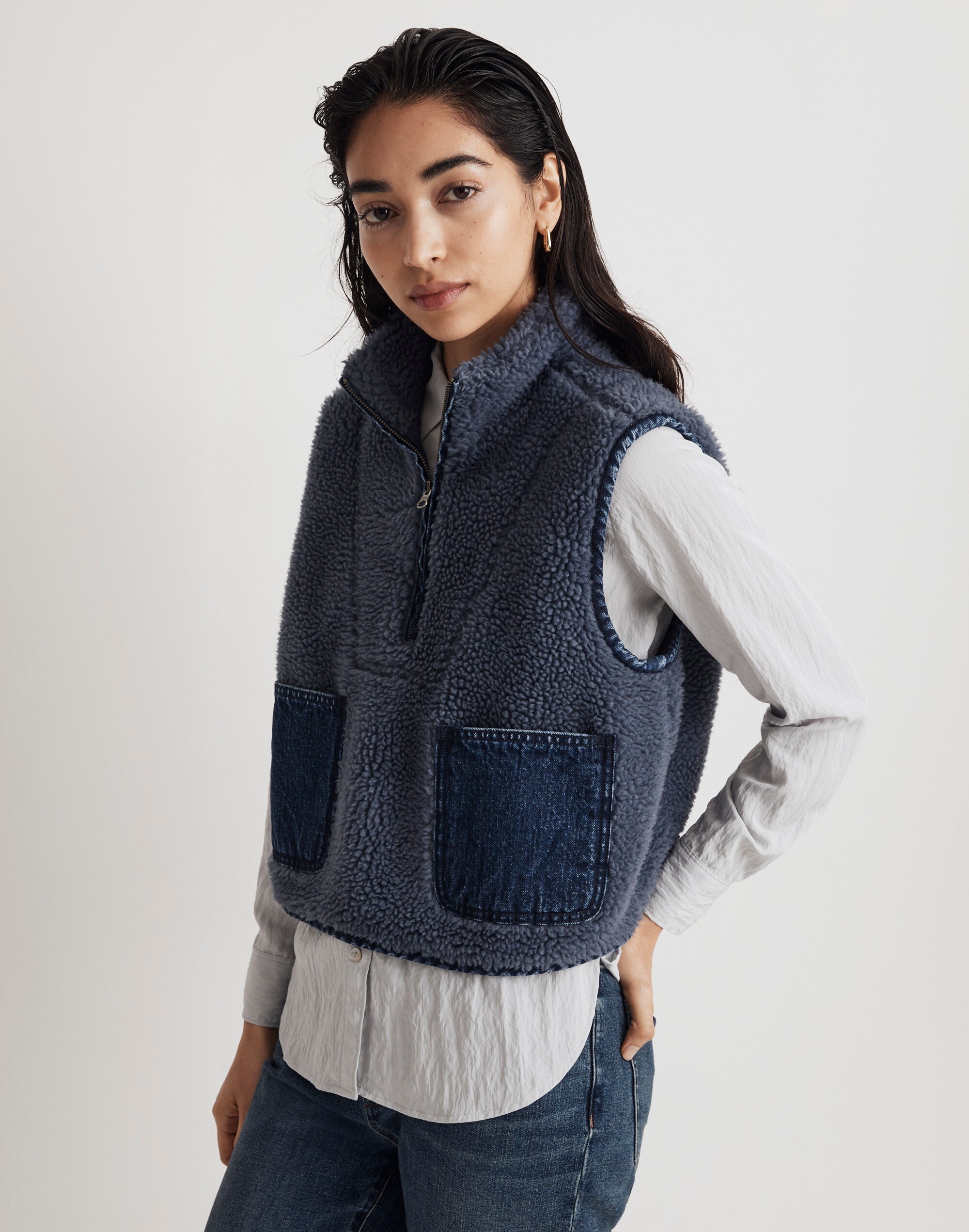 Shearling Denim-Pocket Pullover Vest