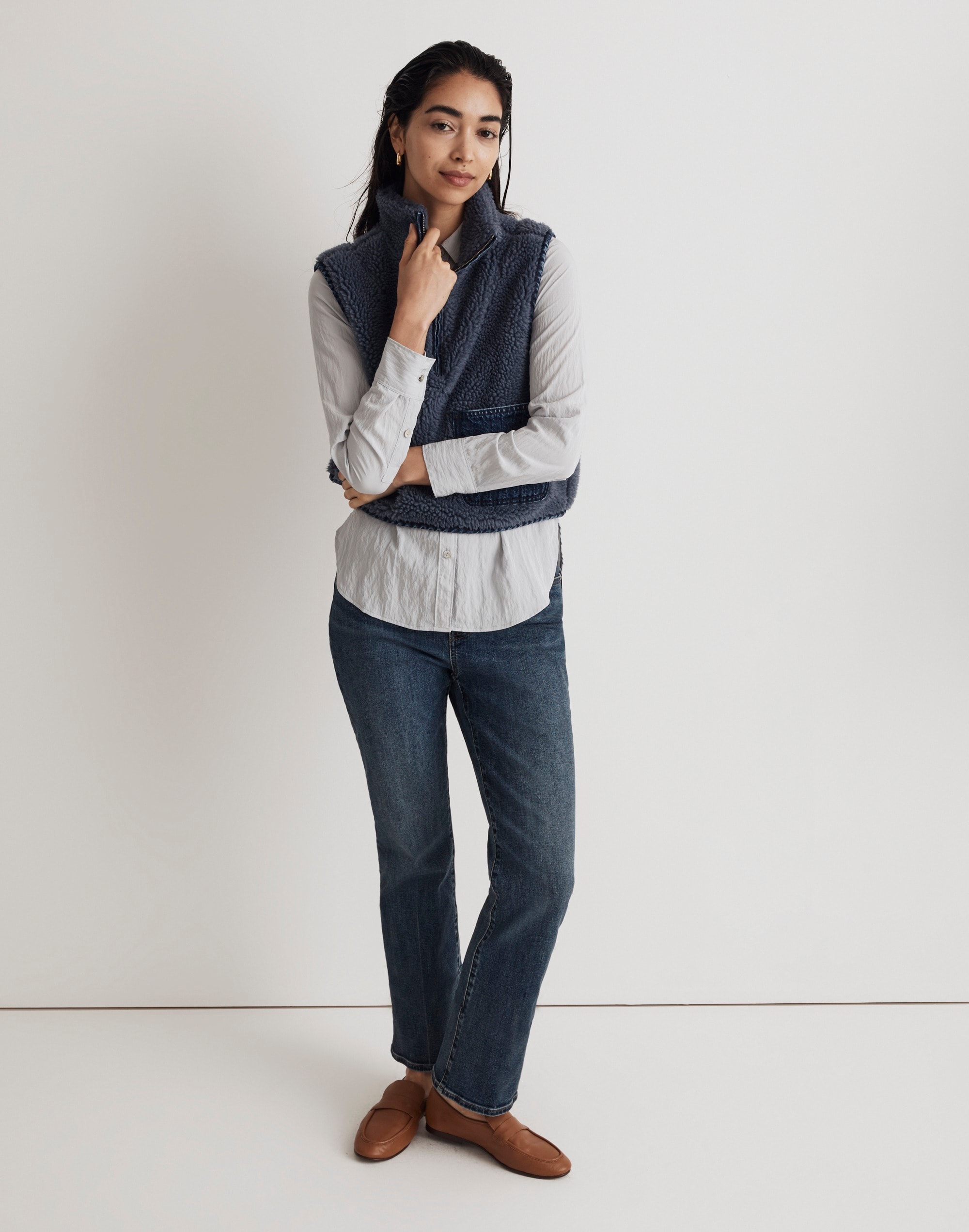 Shearling Denim-Pocket Pullover Vest