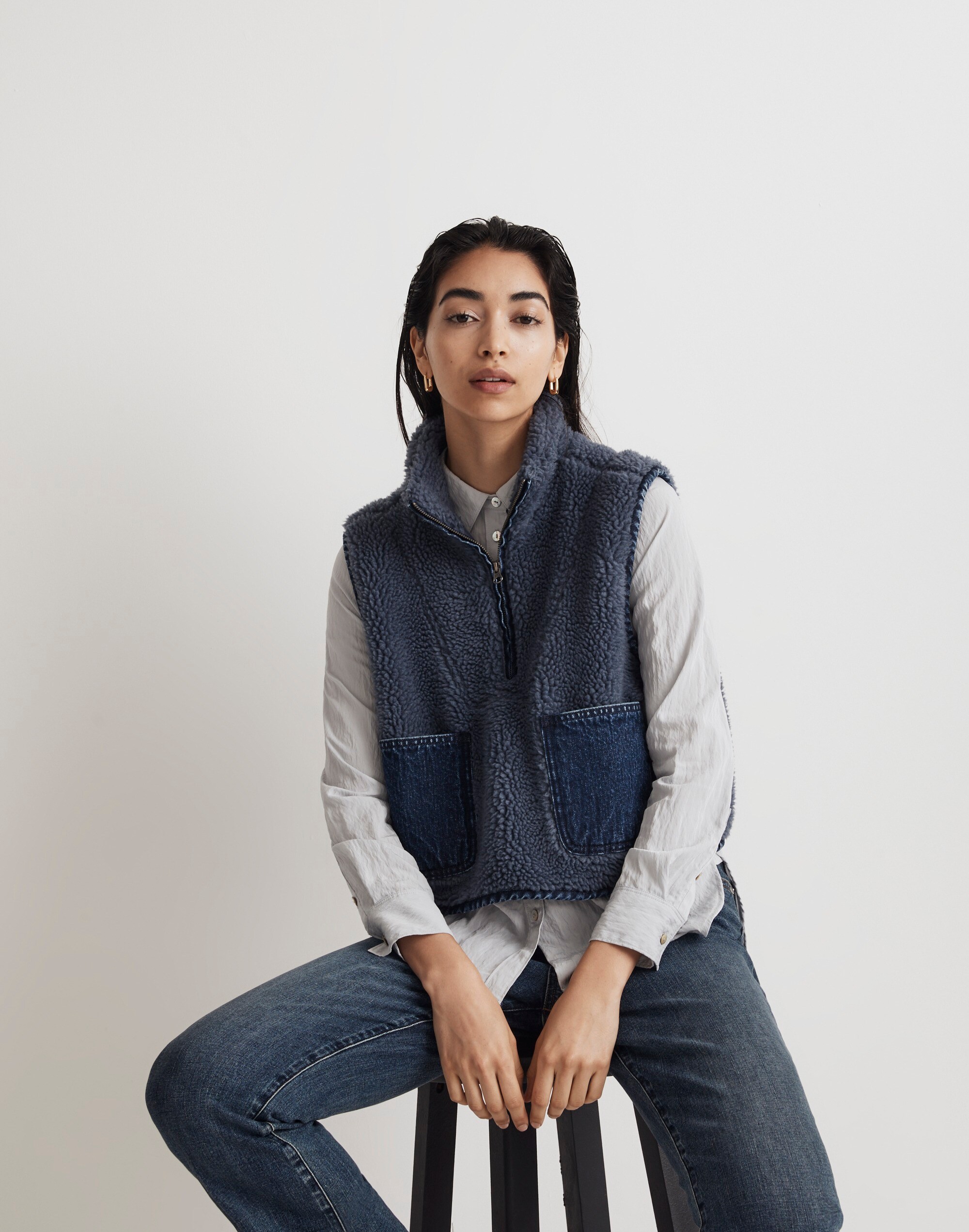 Shearling Denim-Pocket Pullover Vest