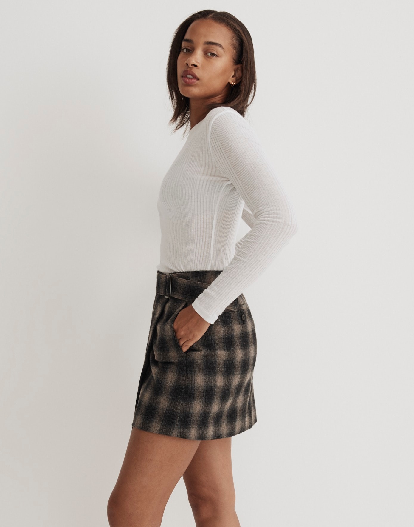 Buckle-Belt Wrap Mini Skirt in Plaid