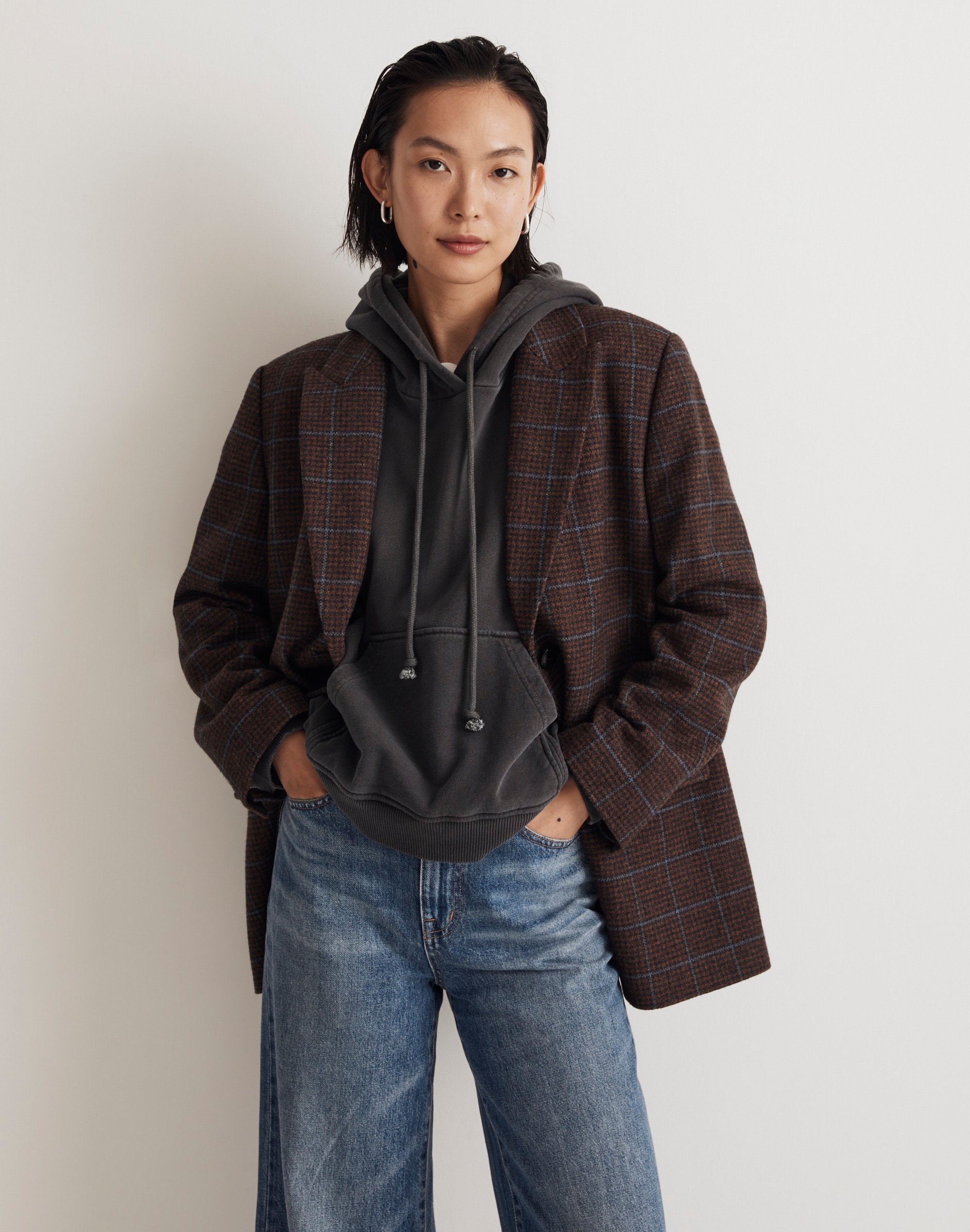 The Bedford Oversized Belted Blazer in Plaid Wool Blend
