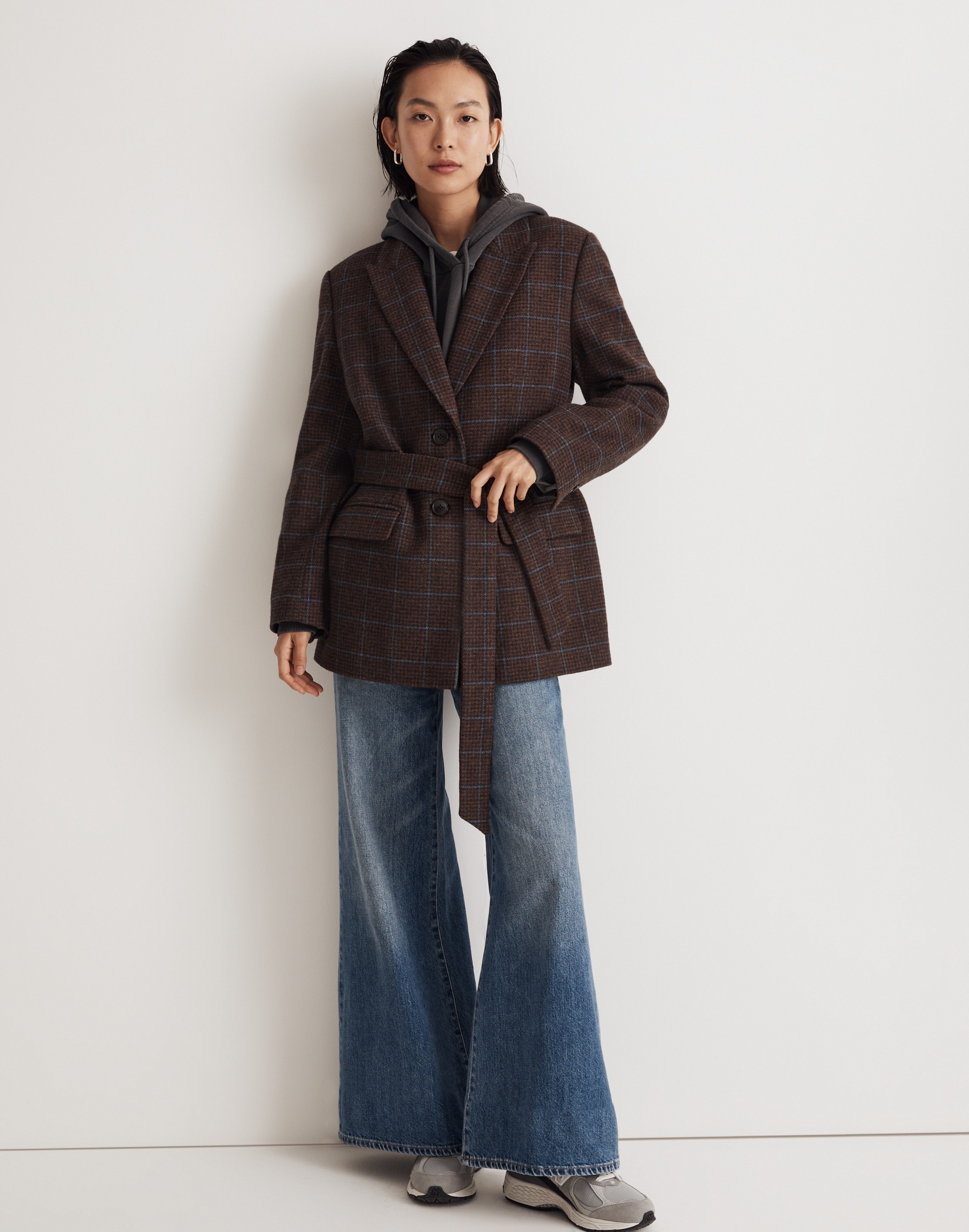 the bedford oversized belted blazer in plaid wool blend