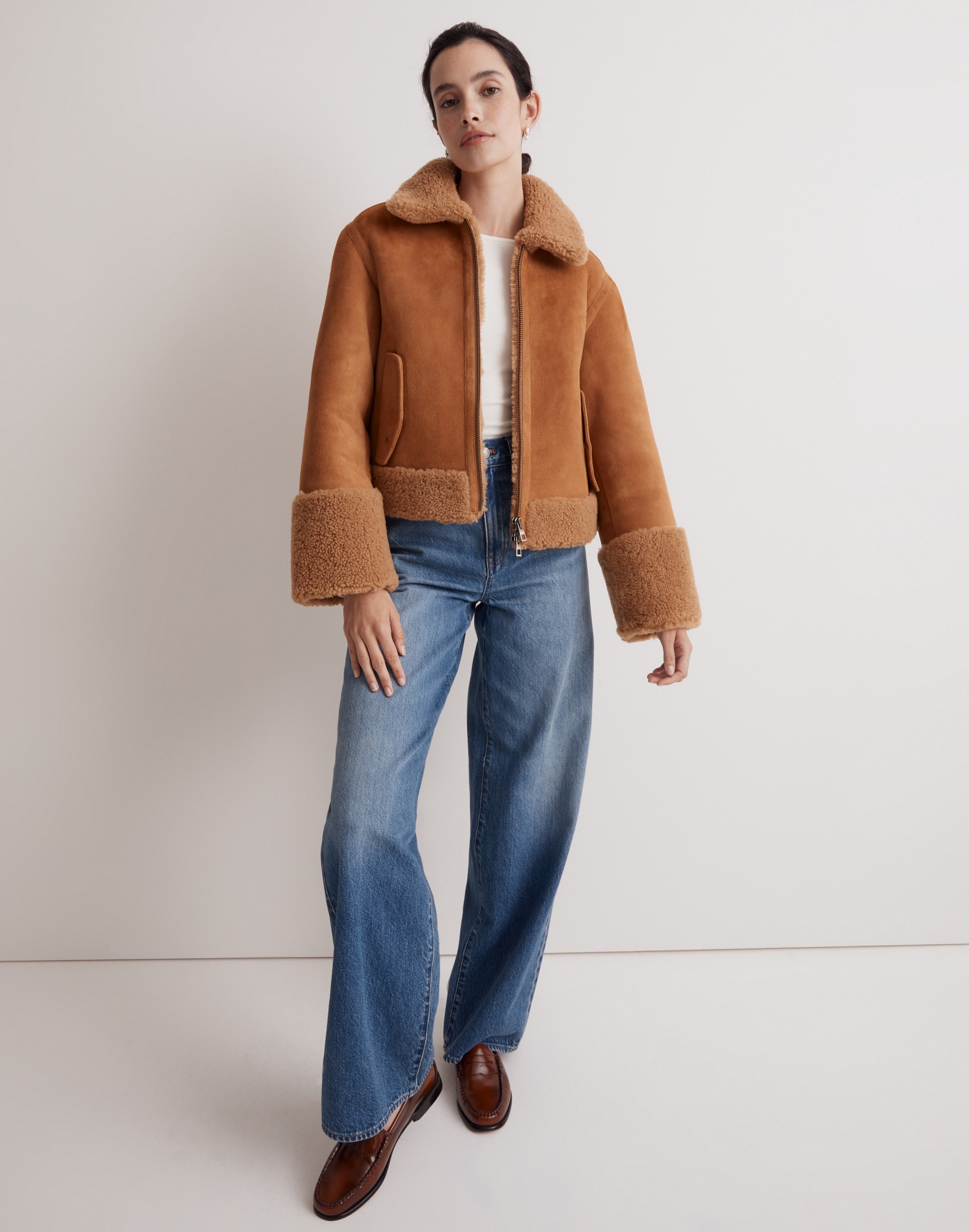 Mw Shearling Zip-front Jacket In Toffee