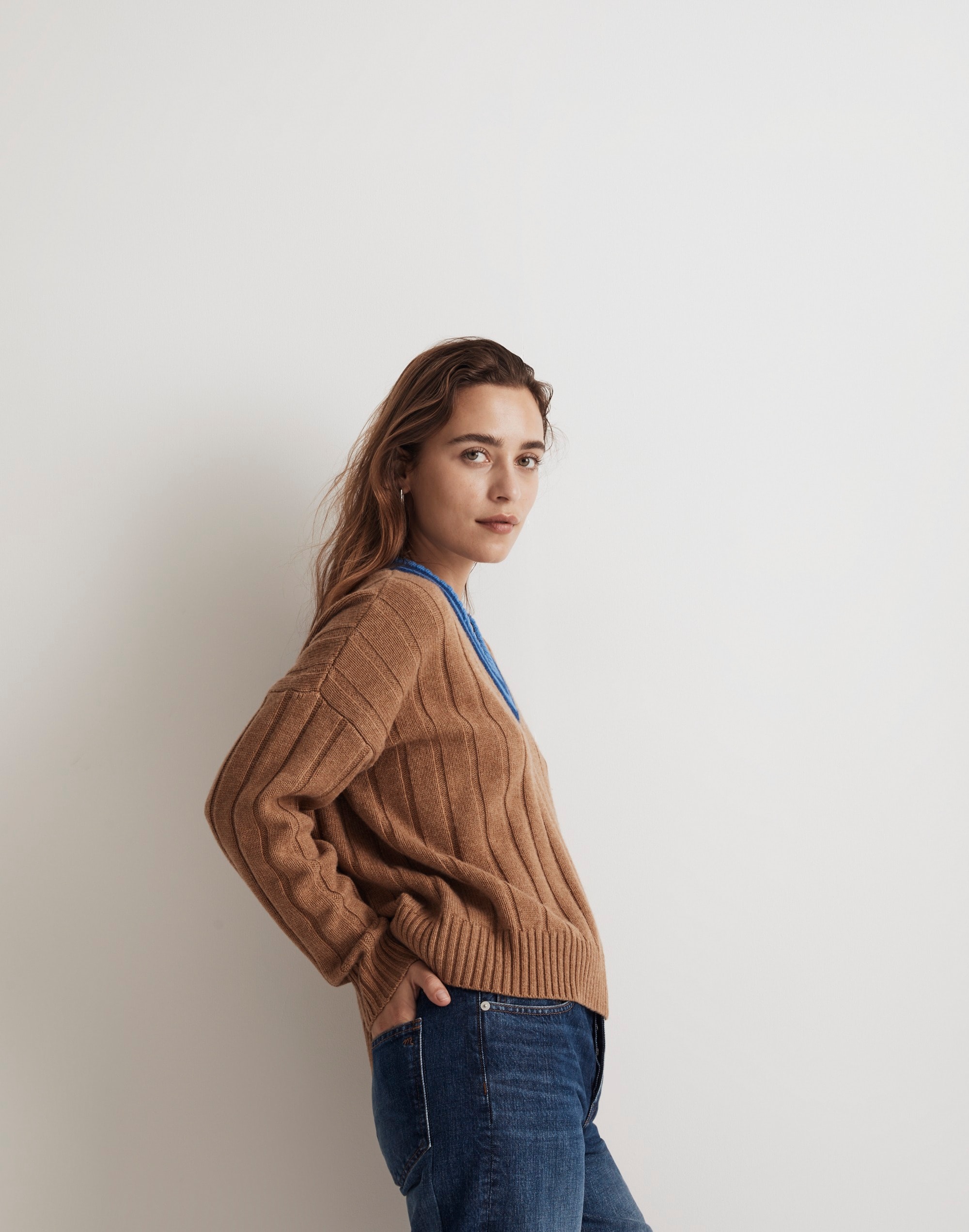 Tipped V-Neck Oversized Sweater